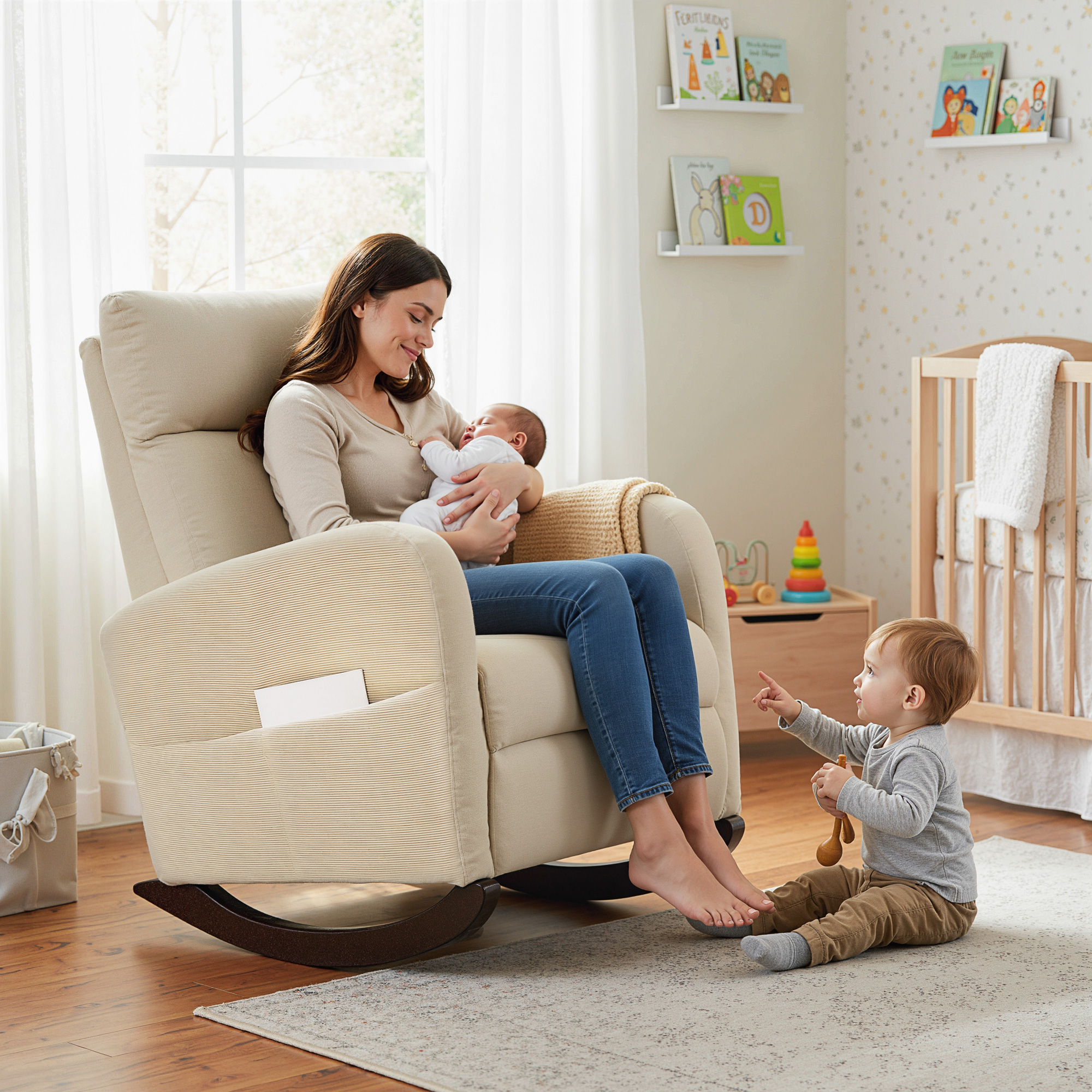 HOMCOM Corduroy Rocking Armchair Beige 8