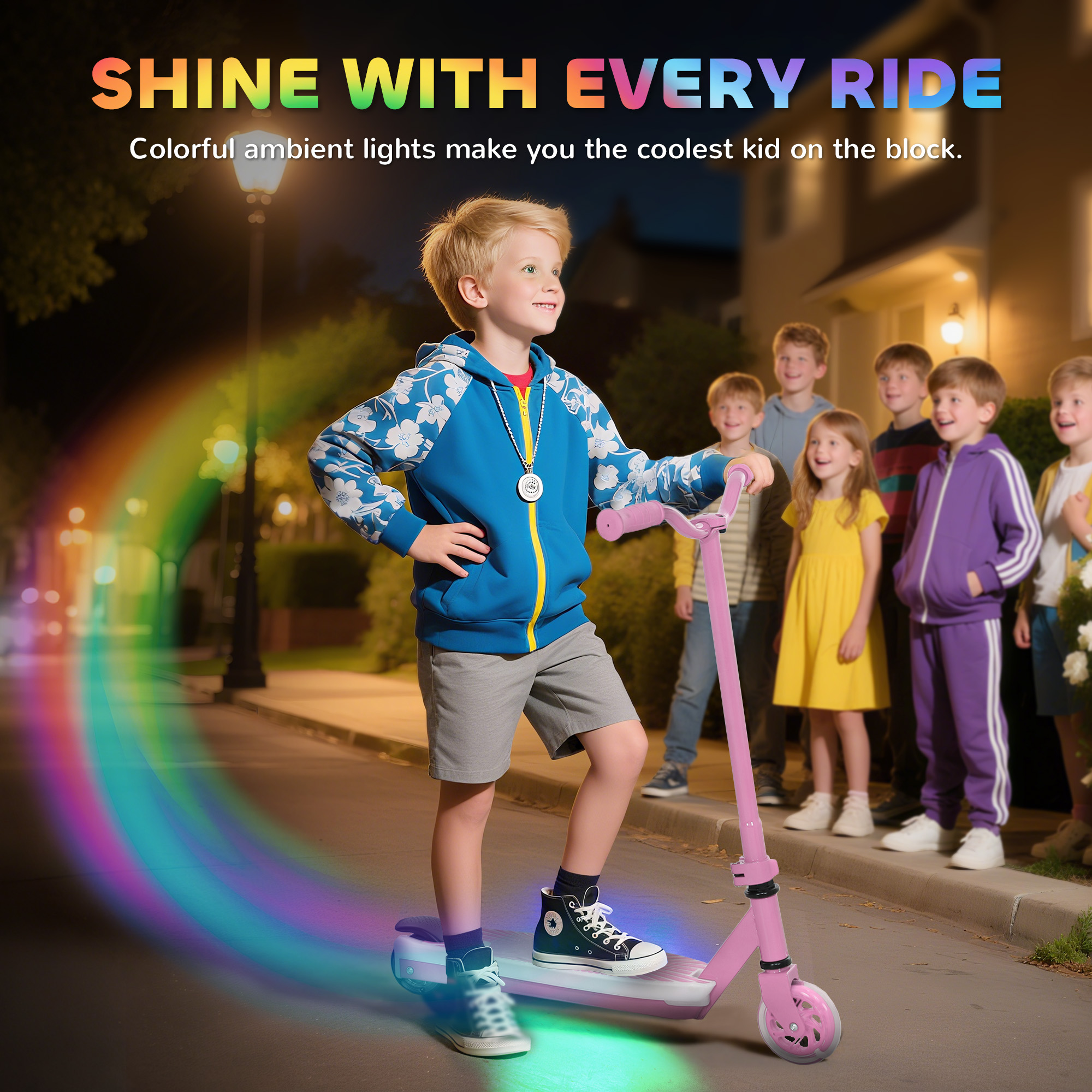 AIYAPLAY Electric Scooter for Kids Aged 4-7 Years, with Flashing LED Lights, Rear Auxiliary Wheels, Pink 5