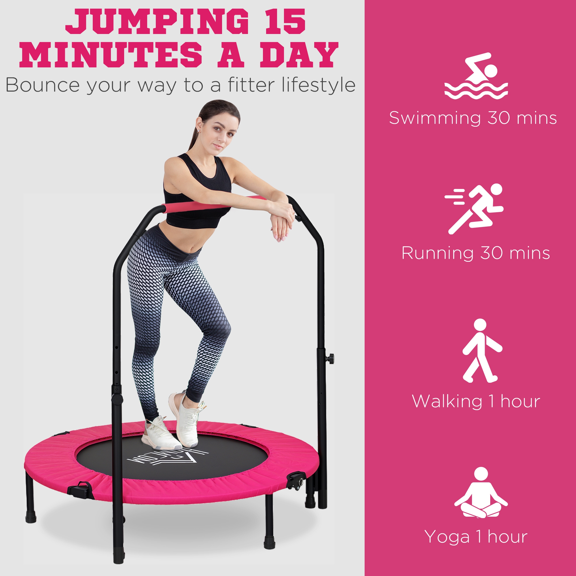 HOMCOM 40" Foldable Mini Fitness Trampoline, with Adjustable Foam Handle, Pink 7