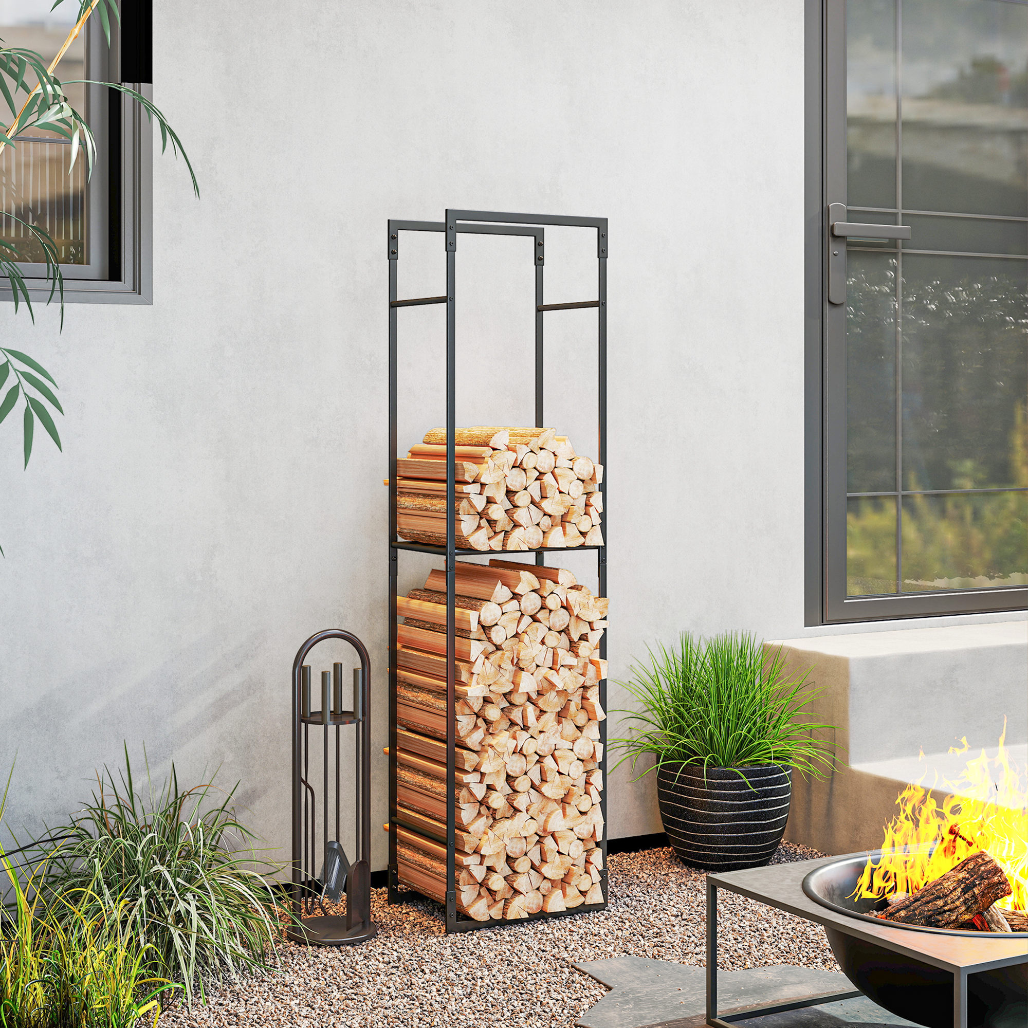 Outsunny Metal Firewood Log Holder, Heavy Duty Firewood Rack with Adjustable Shelf, Indoor Outdoor Fireplace Wood Storage Shelf, 45 x 31 x 170 cm, Black 2