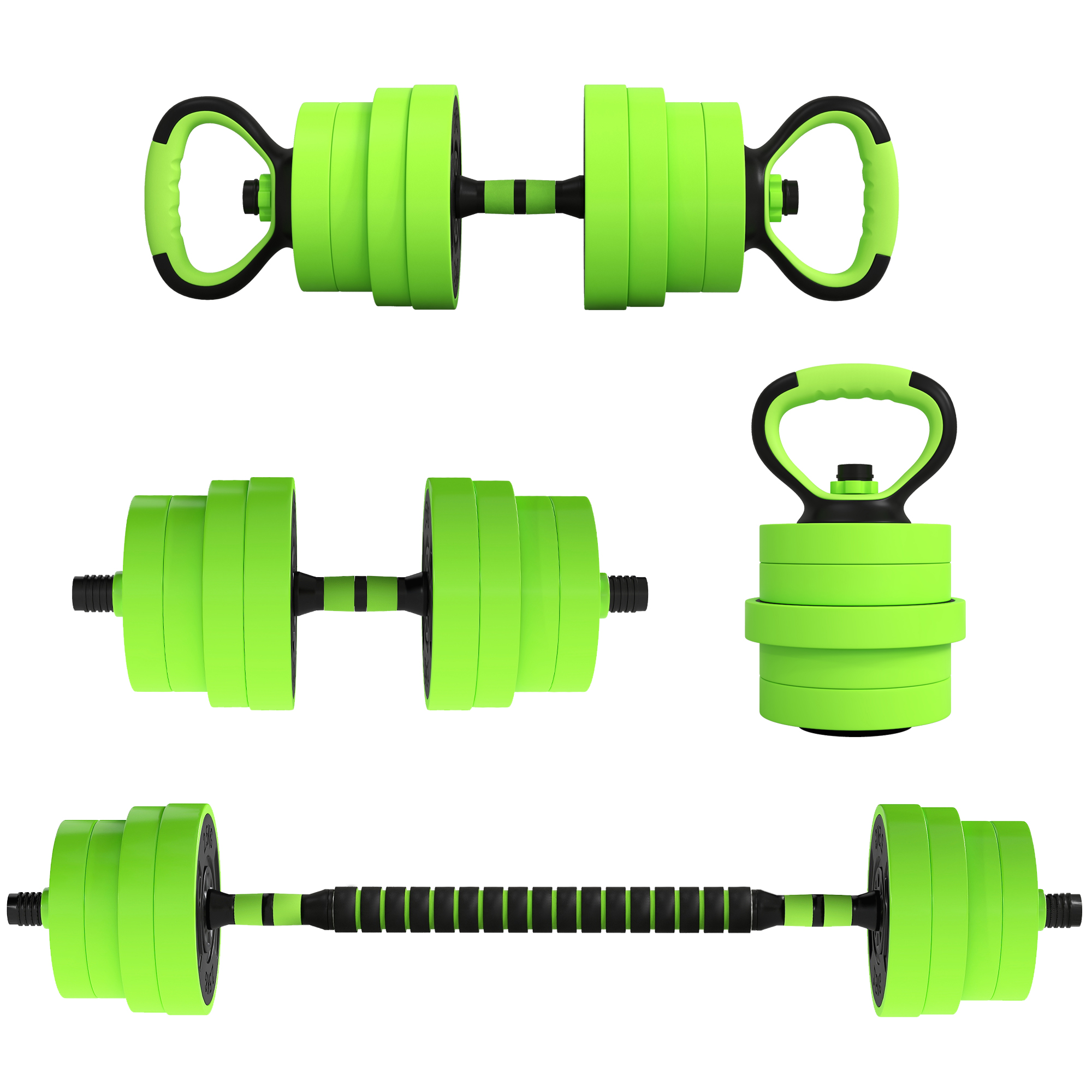 SPORTNOW 30kg Four-In-One Adjustable Weight Dumbbells Set, Barbell, Kettlebell, Push Up Stand Green