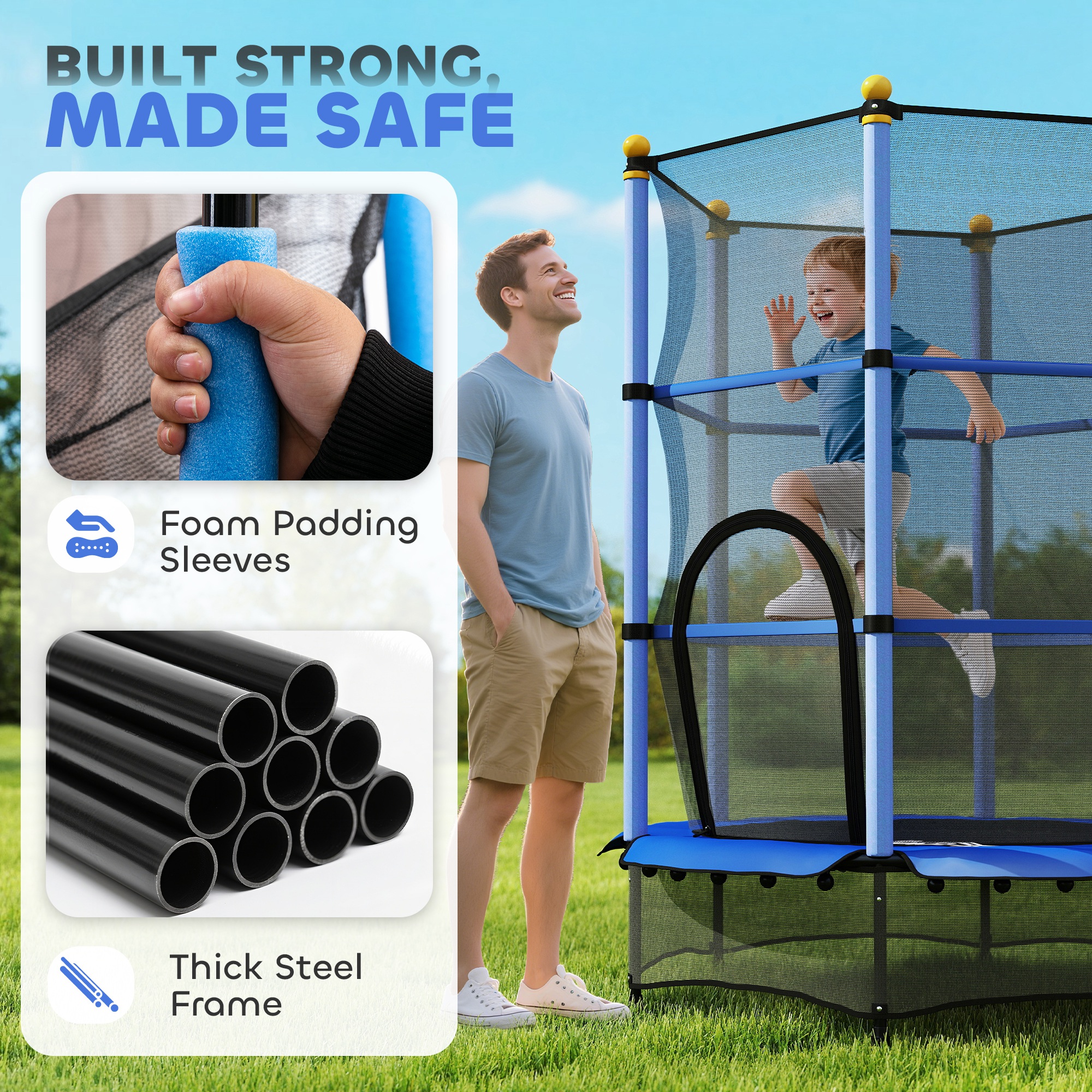 HOMCOM 4.6FT/55" Kids Trampoline with Safety Enclosure, Outdoor Indoor Use, for Ages 3-10 Years, Blue 4