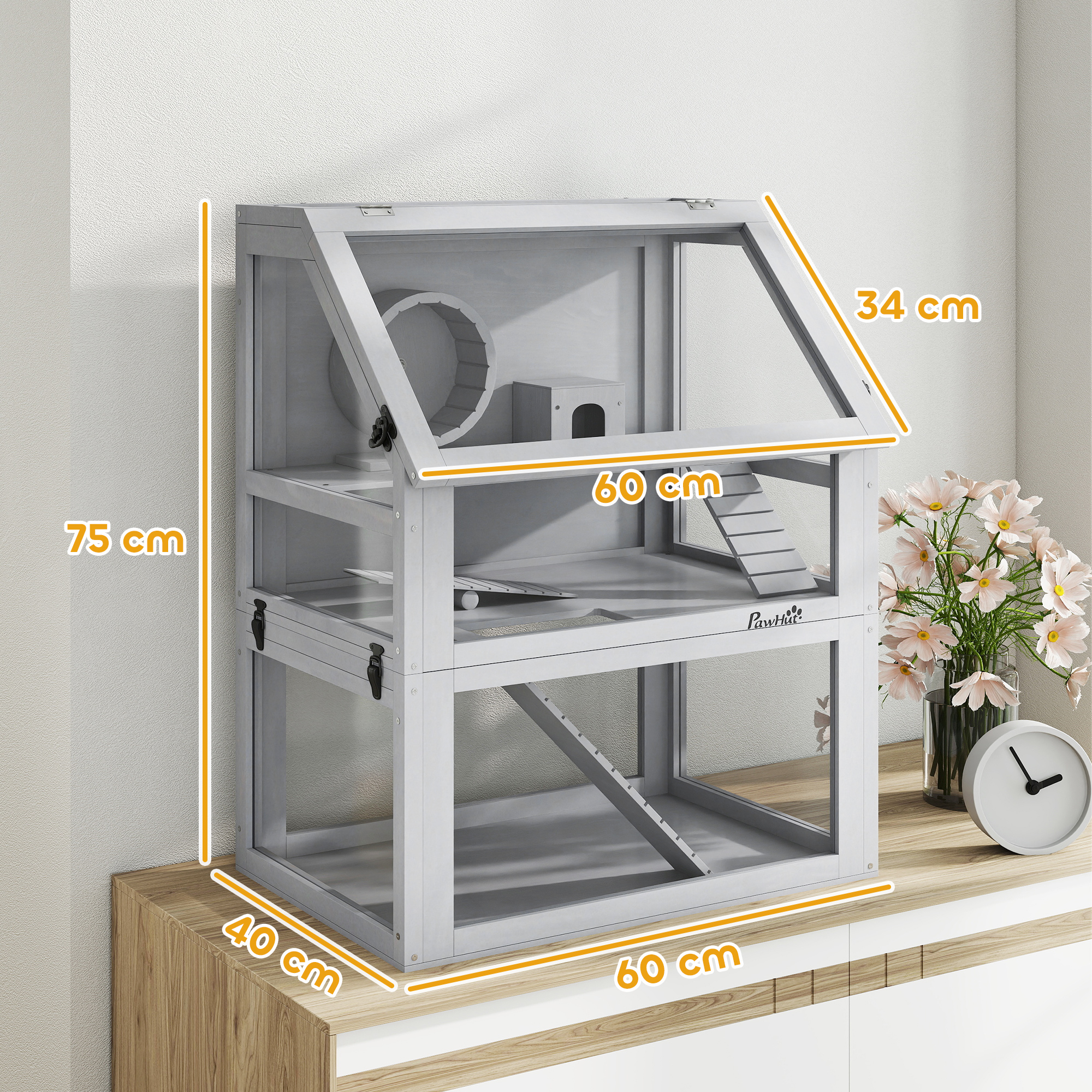 PawHut Wooden Hamster Cage with Detachable 32cm Deep Bottom, Hut, Seesaw, Exercise Wheel, Ramp, 60 x 40 x 75cm, Light Grey 3