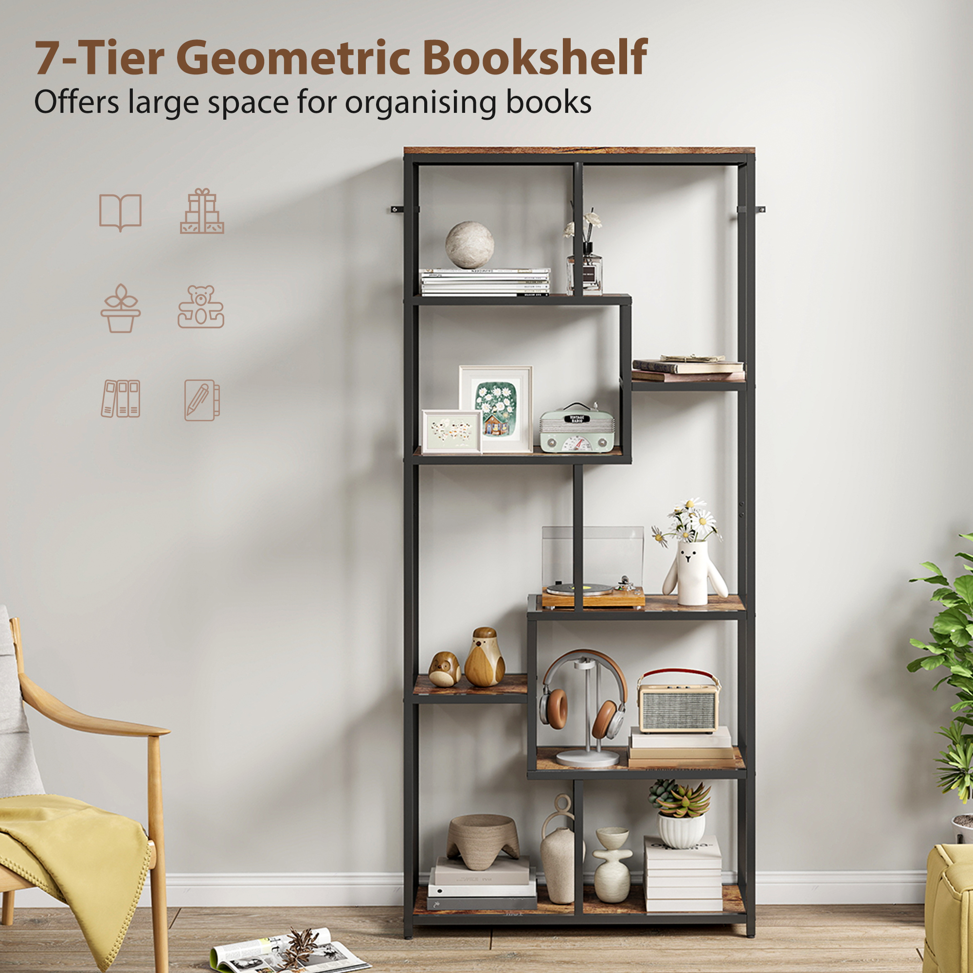 HOMCOM Seven-Tier Geometric Bookcase Brown/Black 4