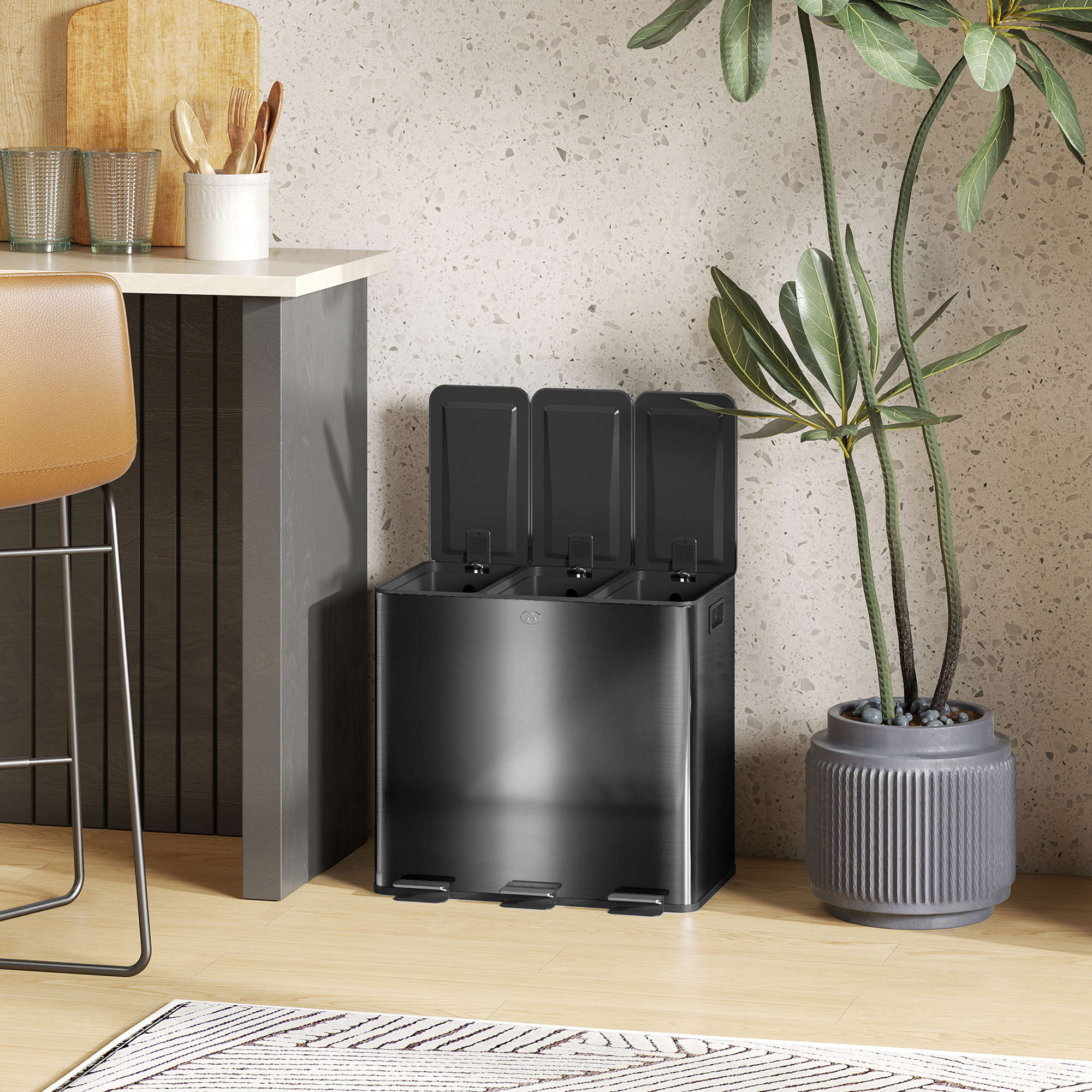 HOMCOM 3 x 15L Pedal Bin, Steel Triple Kitchen Bin with Soft Close Lid, Removable Inner Buckets, Fingerprint-Proof, Black 9