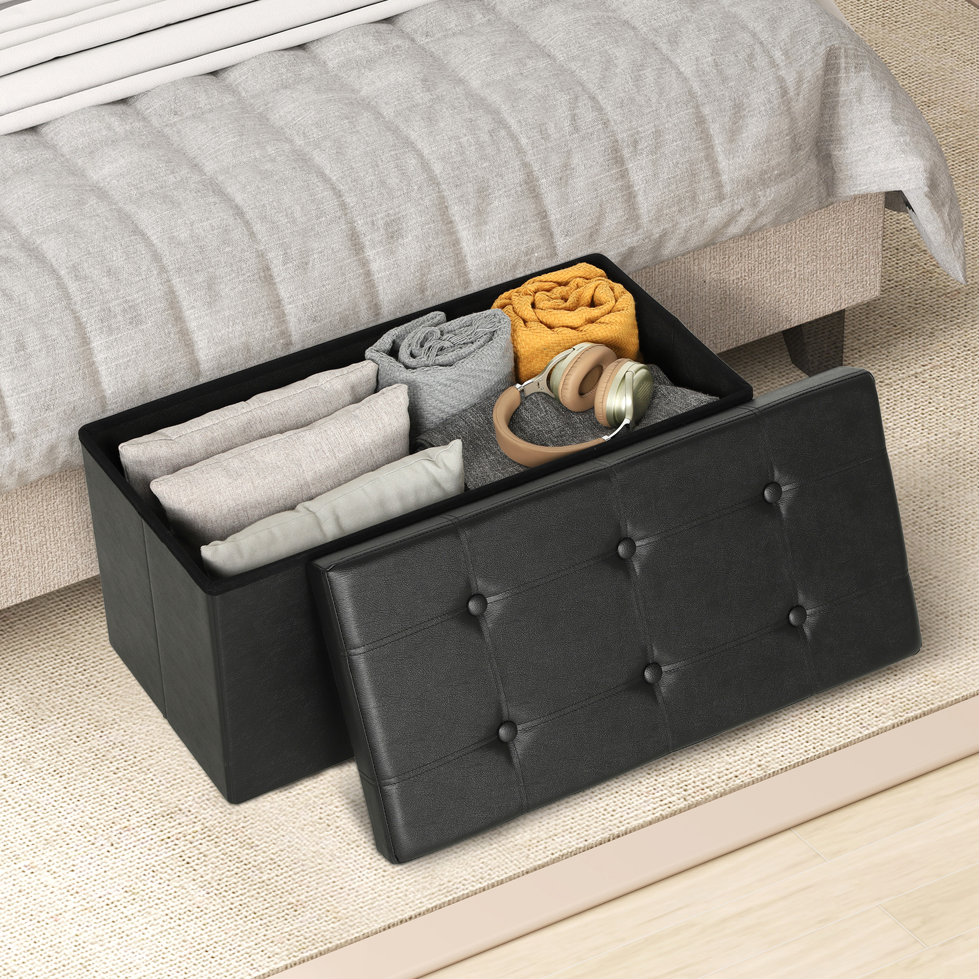 HOMCOM Storage Ottoman Bench, 89L PU Leather Folding Foot Rest Stool, End of Bed Bench, Easy Assembly, for Living Room, Bedroom, Entryway, Black 8