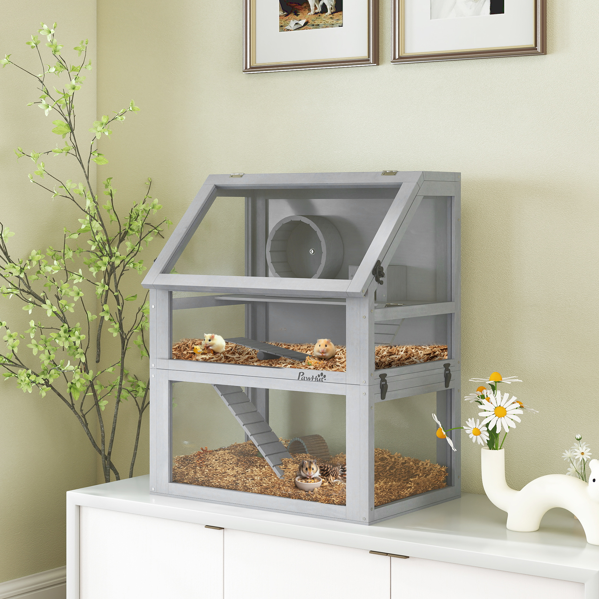 PawHut Wooden Hamster Cage with Detachable 32cm Deep Bottom, Hut, Seesaw, Exercise Wheel, Ramp, 60 x 40 x 75cm, Light Grey 2