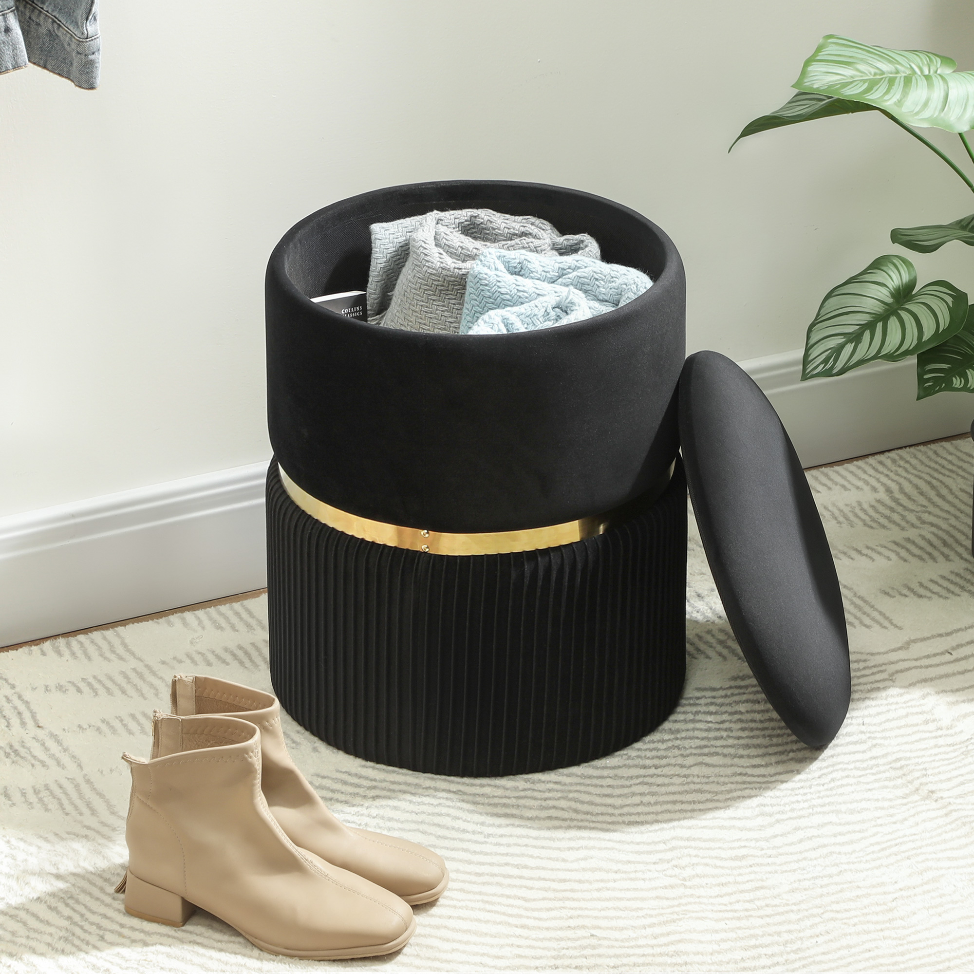 HOMCOM Velvet-Feel Storage Ottoman Black 7