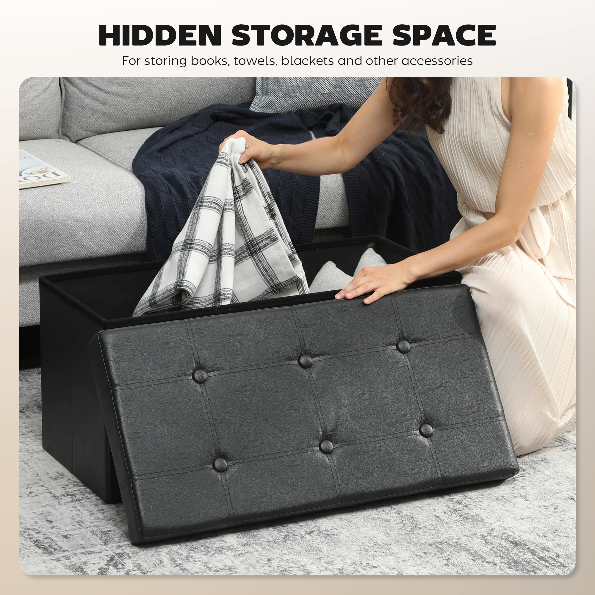 HOMCOM Storage Ottoman Bench, 89L PU Leather Folding Foot Rest Stool, End of Bed Bench, Easy Assembly, for Living Room, Bedroom, Entryway, Black 5