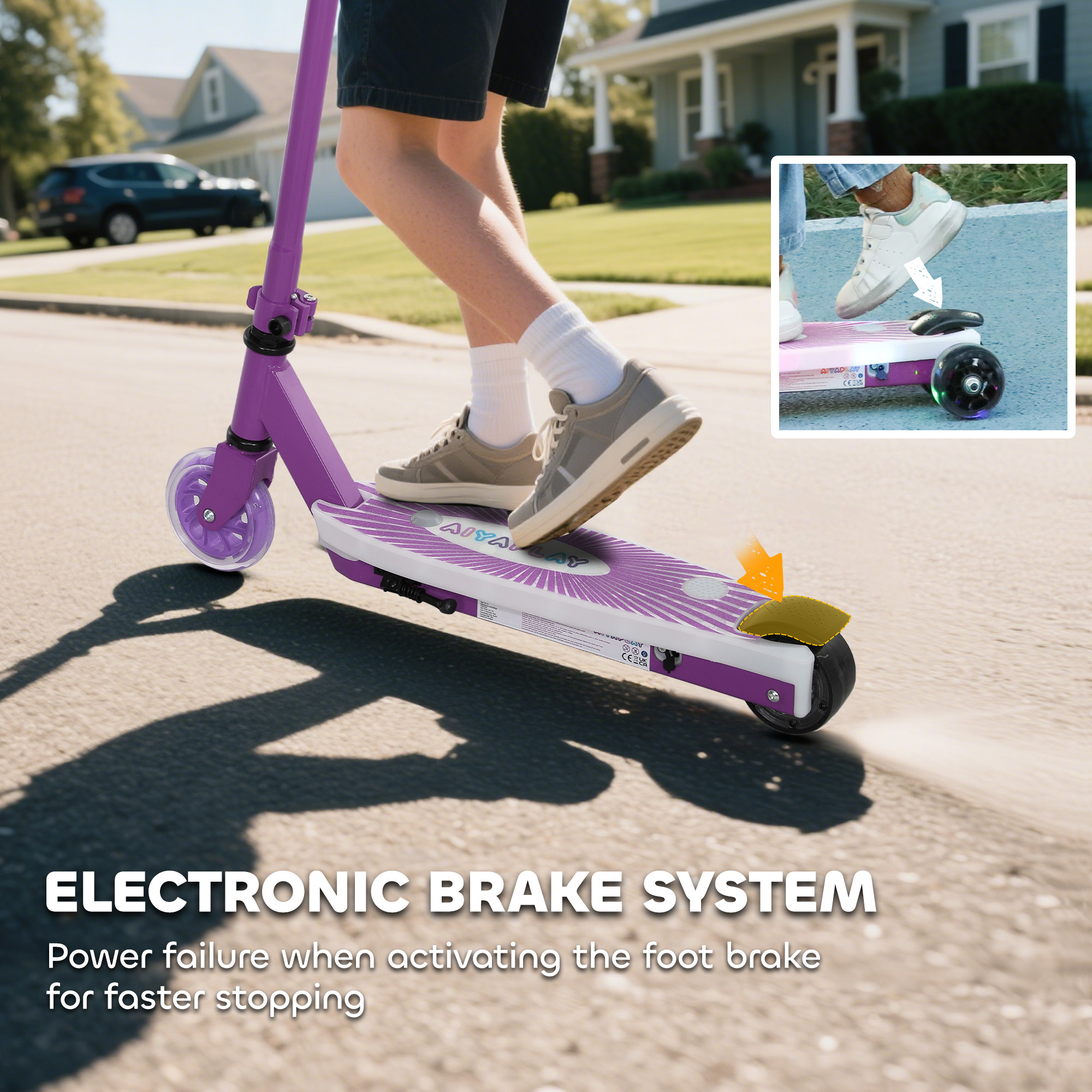 AIYAPLAY Electric Scooter for Kids Aged 4-7 Years, with Flashing LED Lights, Rear Auxiliary Wheels, Purple 8