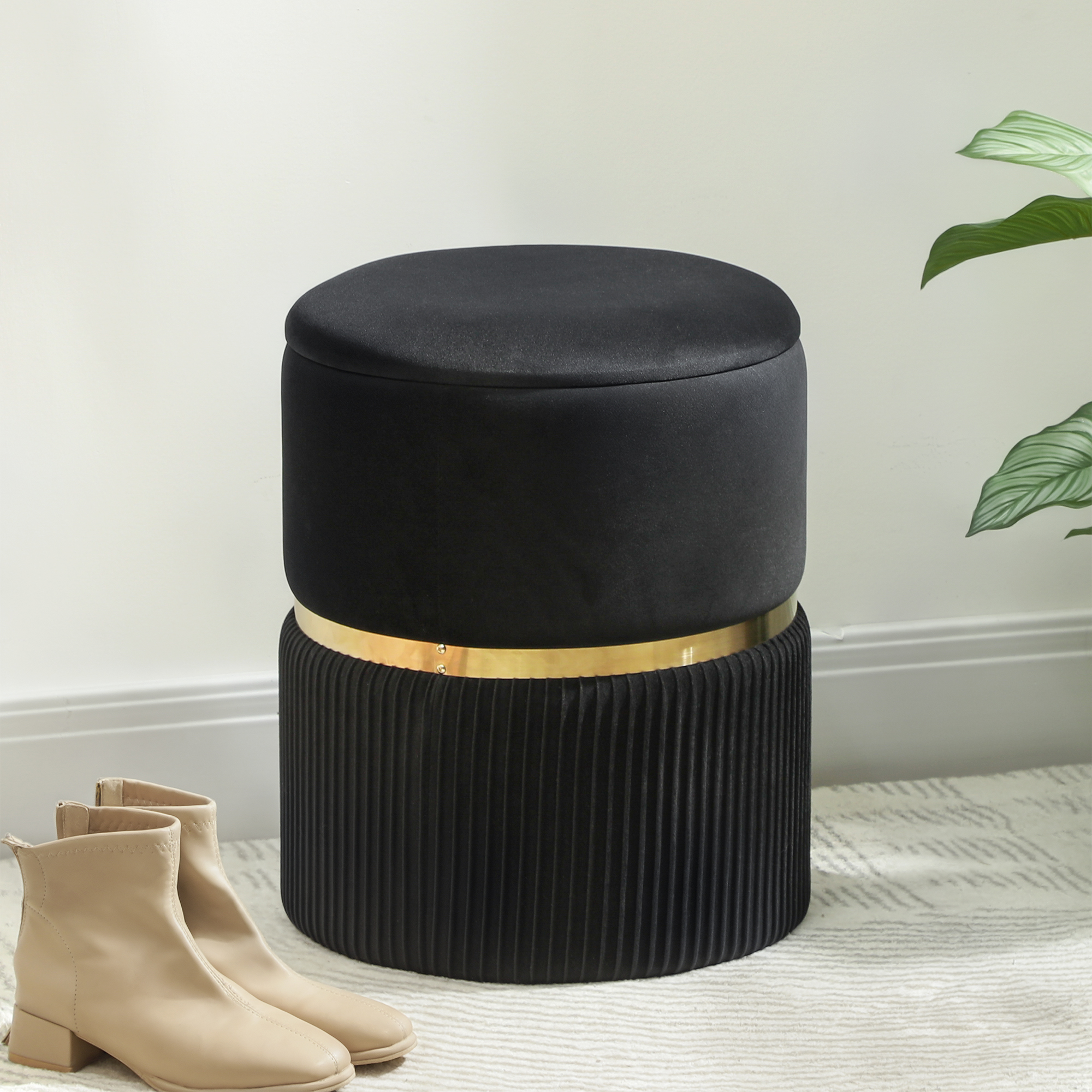 HOMCOM Velvet-Feel Storage Ottoman Black 2