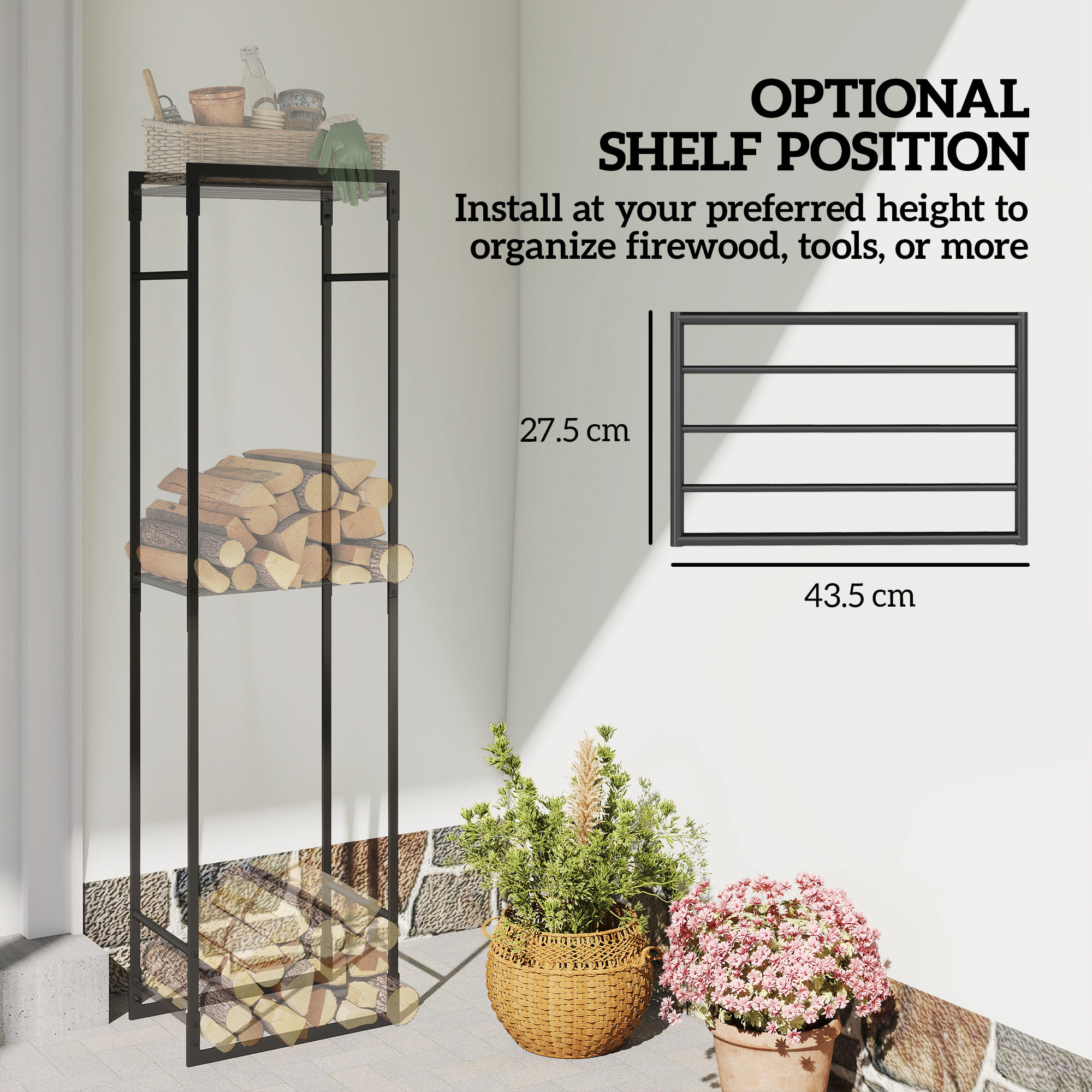 Outsunny Metal Firewood Log Holder, Heavy Duty Firewood Rack with Adjustable Shelf, Indoor Outdoor Fireplace Wood Storage Shelf, 45 x 31 x 170 cm, Black 4