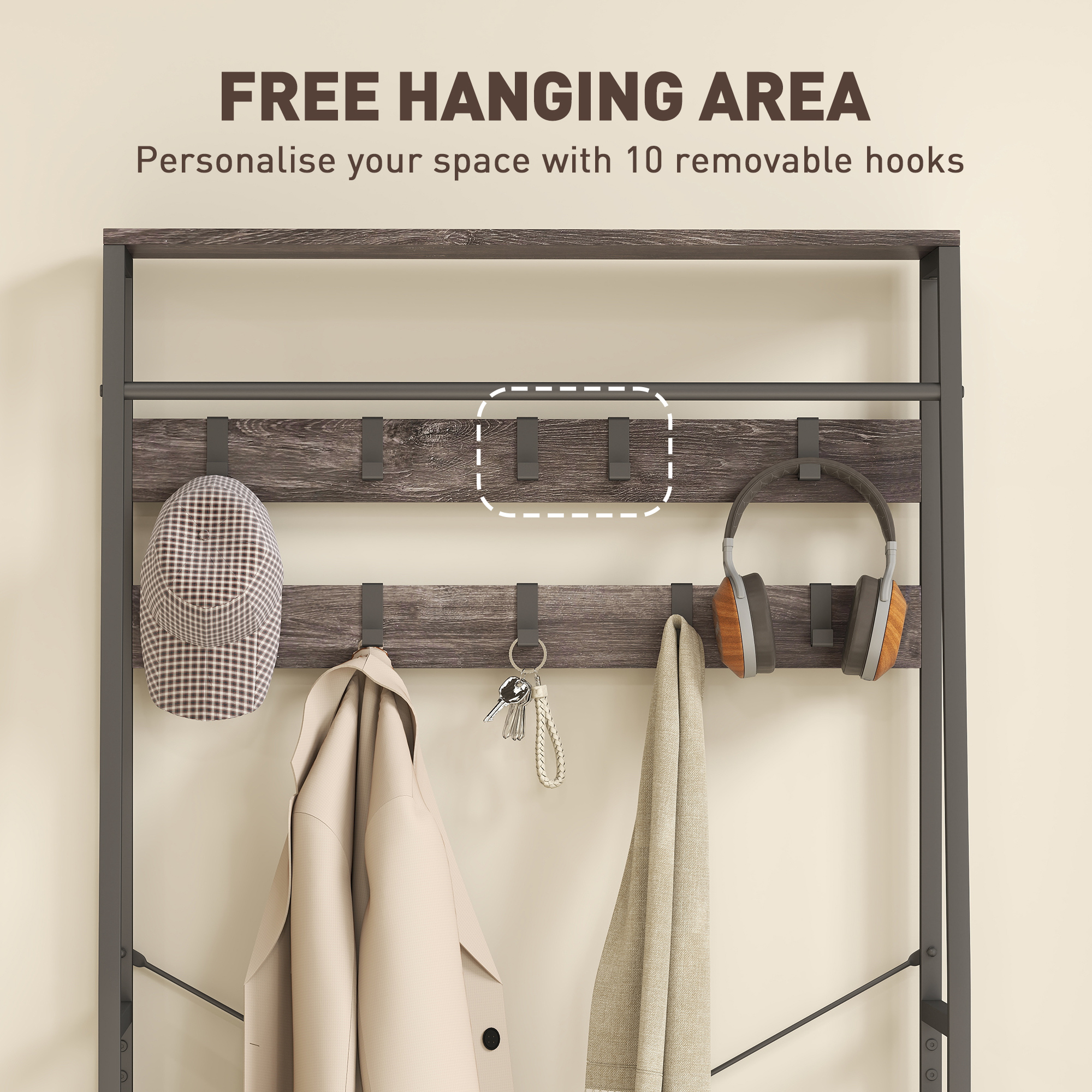 HOMCOM Coat Rack with Shoe Storage, Hall Tree, Industrial Coat Stand with Shoe Bench, 10 Removable Hooks, 2 Fabric Drawers and Clothes Rail for Entryway, Hallway, Grey 5