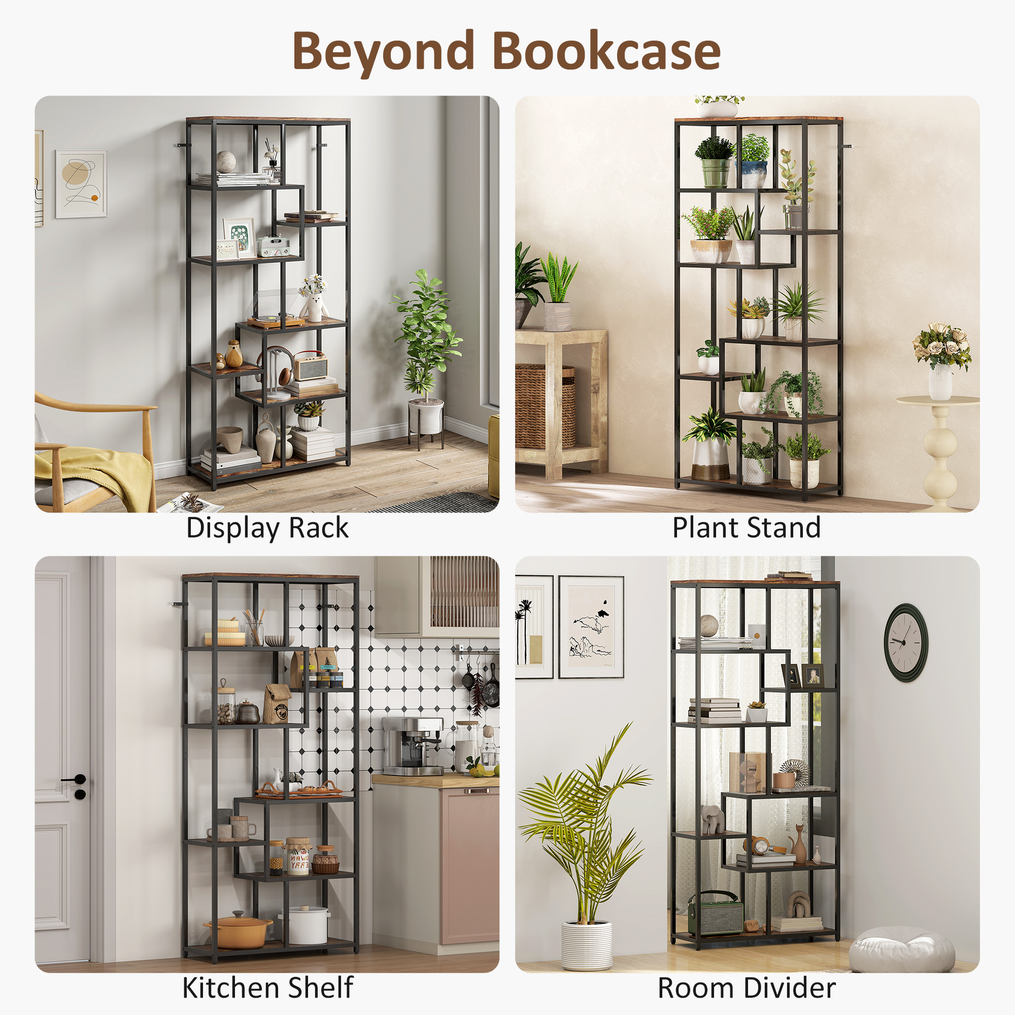 HOMCOM Seven-Tier Geometric Bookcase Brown/Black 6