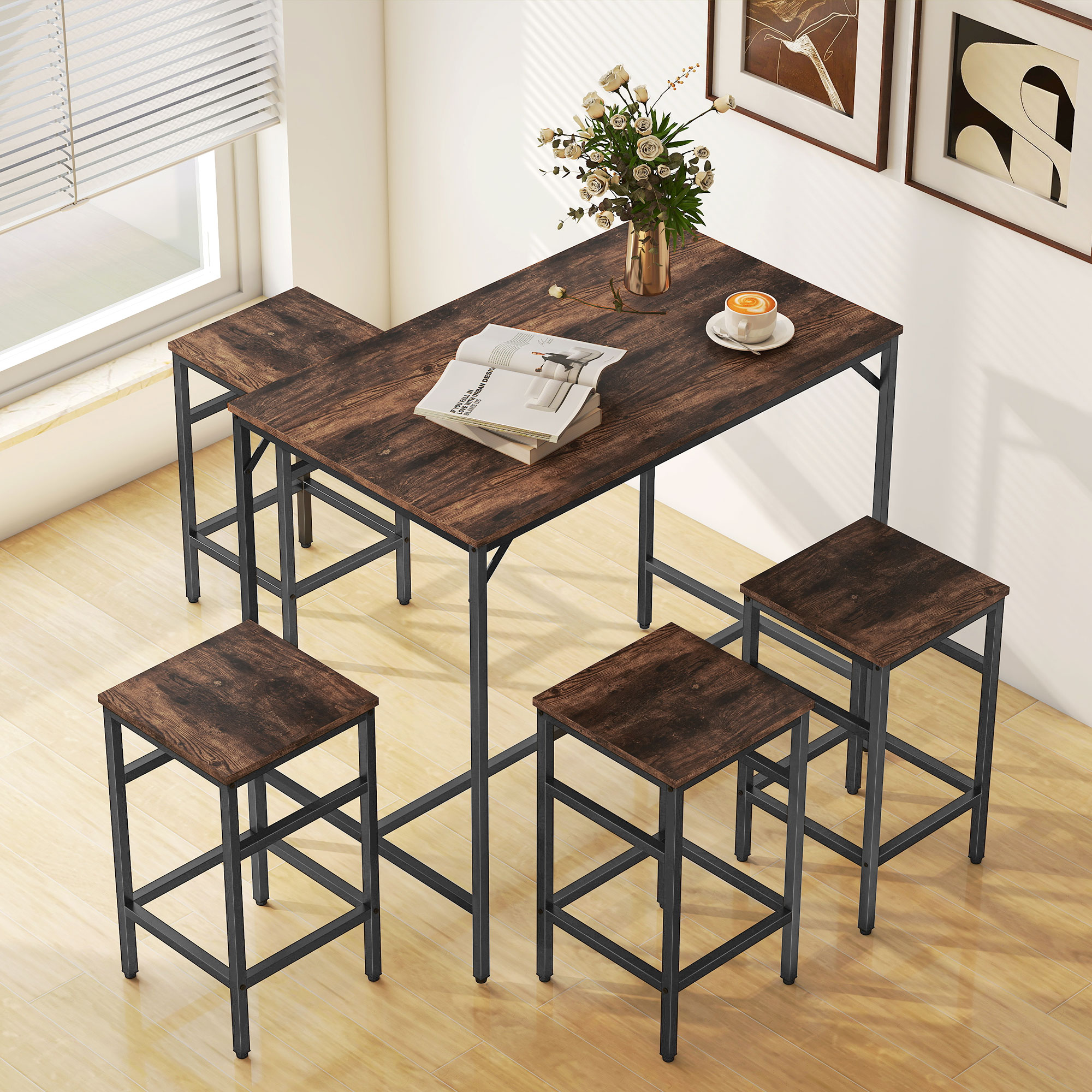 HOMCOM 5-Piece Breakfast Bar Table and Stools Set, Kitchen Bar Table Set with High Table and 4 Stools, Space Saving Compact Dining Furniture for Small Spaces, Rustic Brown 2