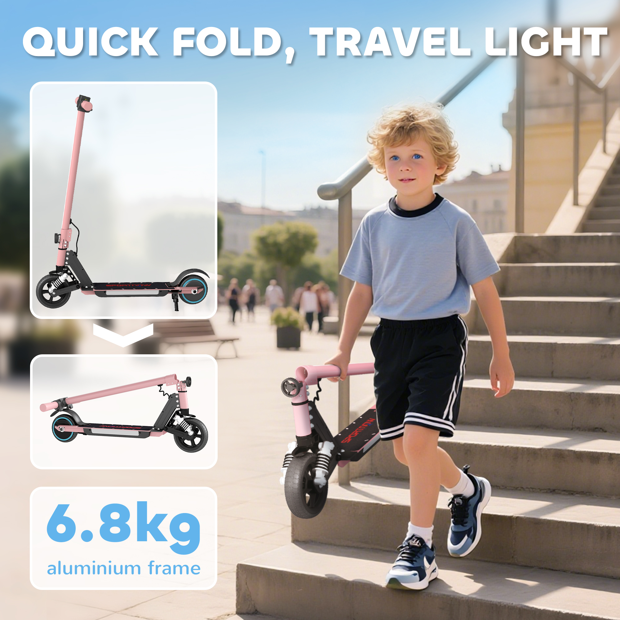SPORTNOW Folding Electric Scooter for Kids, with Dual Brakes, Front Suspension, LED Colourful Lights, Pink 7