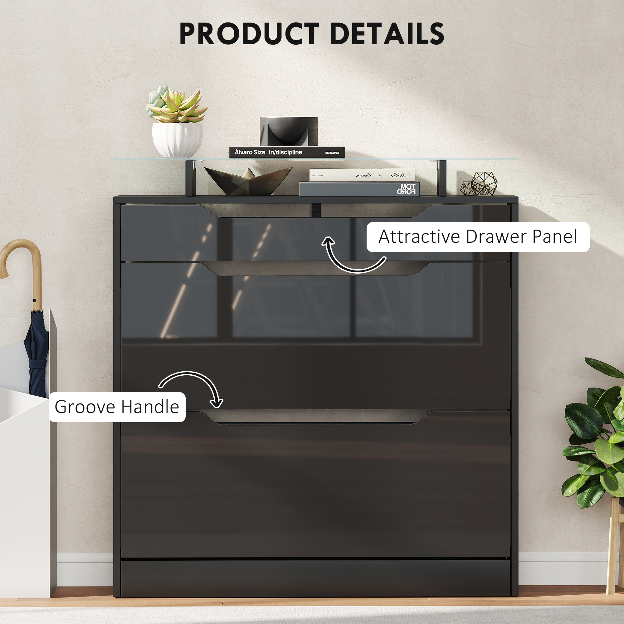 HOMCOM Shoe Storage Cabinet with Slide Out Drawer, 2 Flip Doors, Tempered Glass Top Black 6