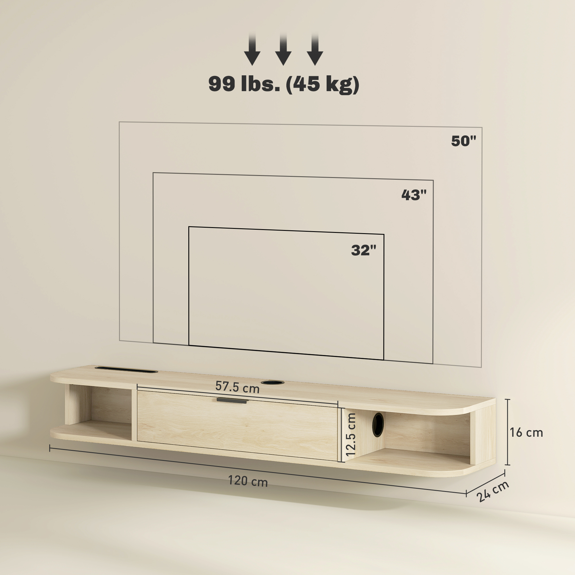 HOMCOM 120 cm Floating TV Unit for TVs up to 50 Inch Natural 3