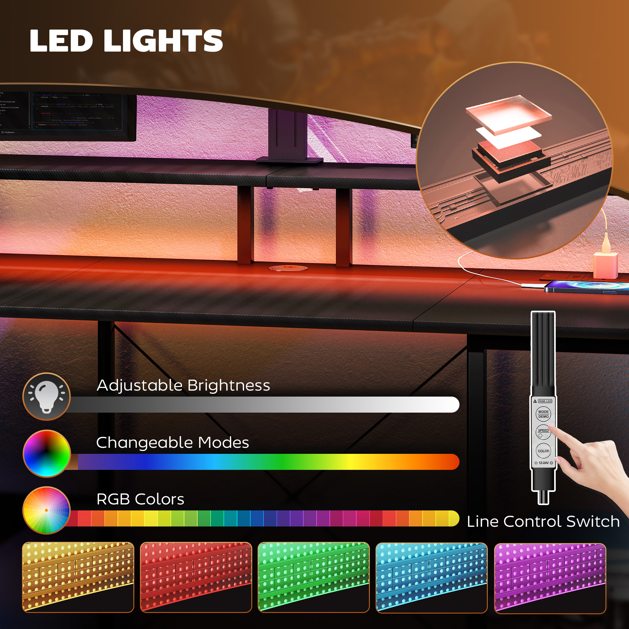 HOMCOM LED Computer Desk, with Power Outlets and Shelves Carbon Fibre Grey 5