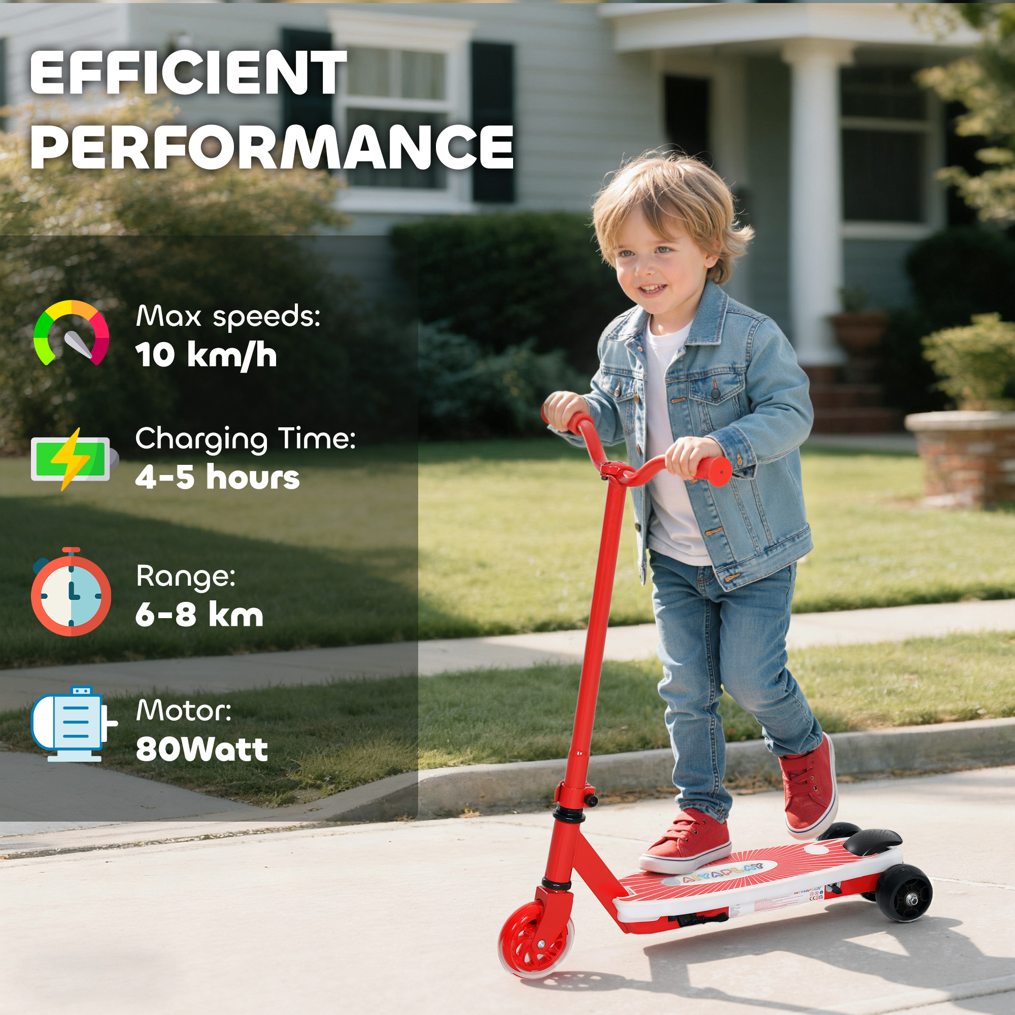 AIYAPLAY Electric Scooter for Kids Aged 4-7 Years, with Flashing LED Lights, Rear Auxiliary Wheels, Red 6