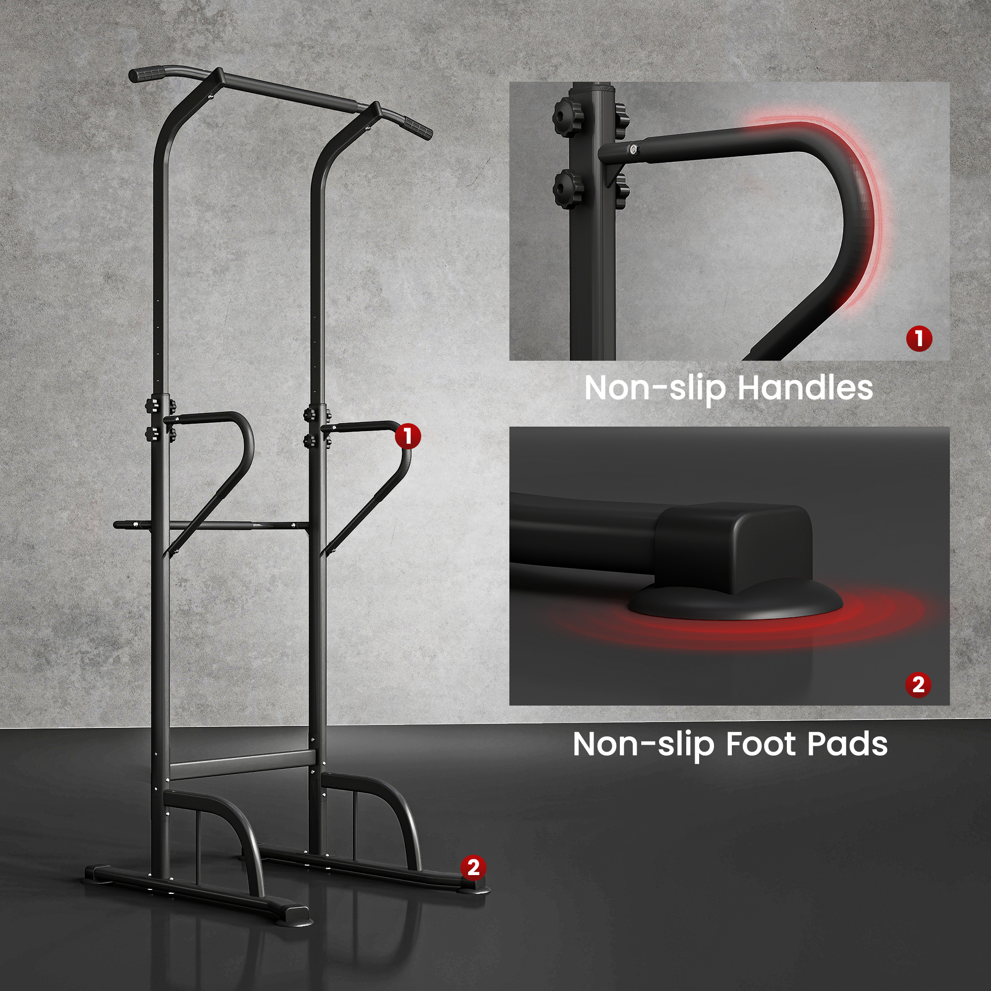 HOMCOM Power Tower Dip Station Pull Up Bar Multi-Function Push Up Equipment with Adjustable Height for Home Gym Strength Training Workout Fitness 7