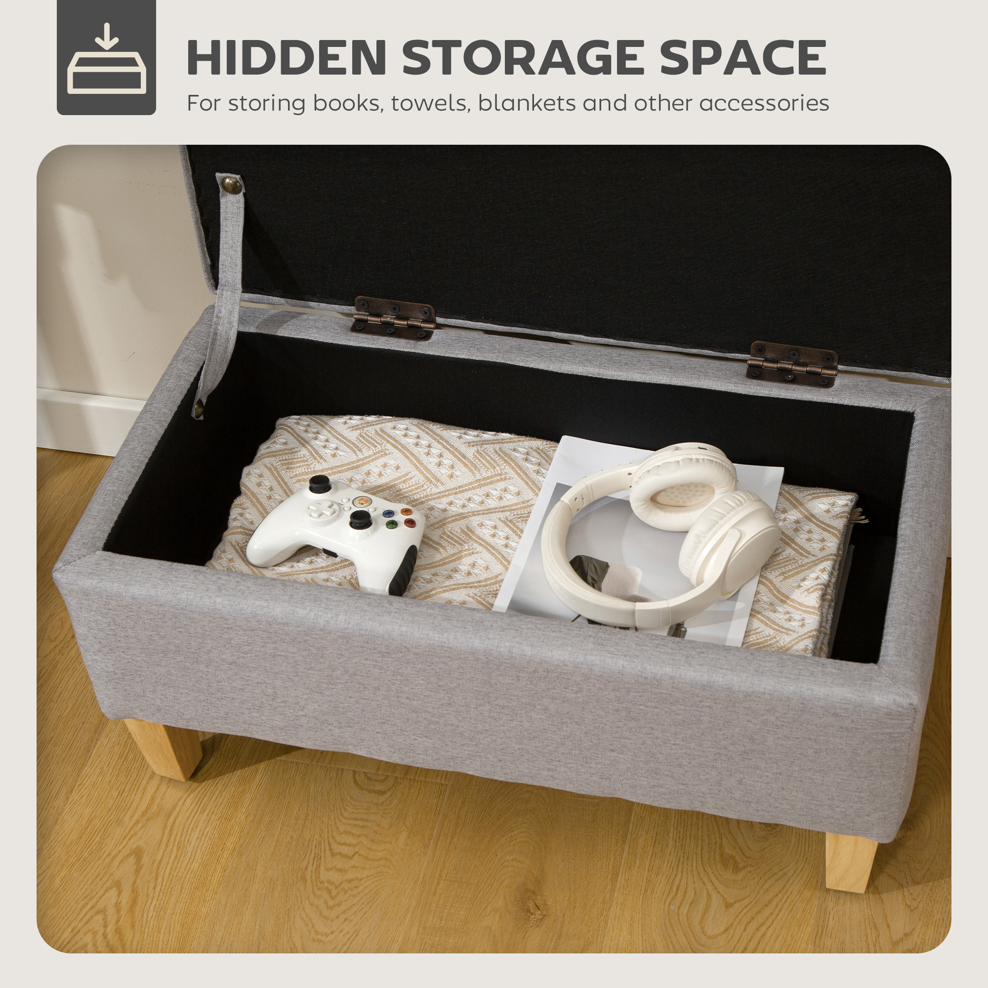 HOMCOM 30L Linen Storage Ottoman Padded Footstool with Rubberwood Legs for Storage Box, Bed End, Shoe Bench, Seating, Light Grey 4