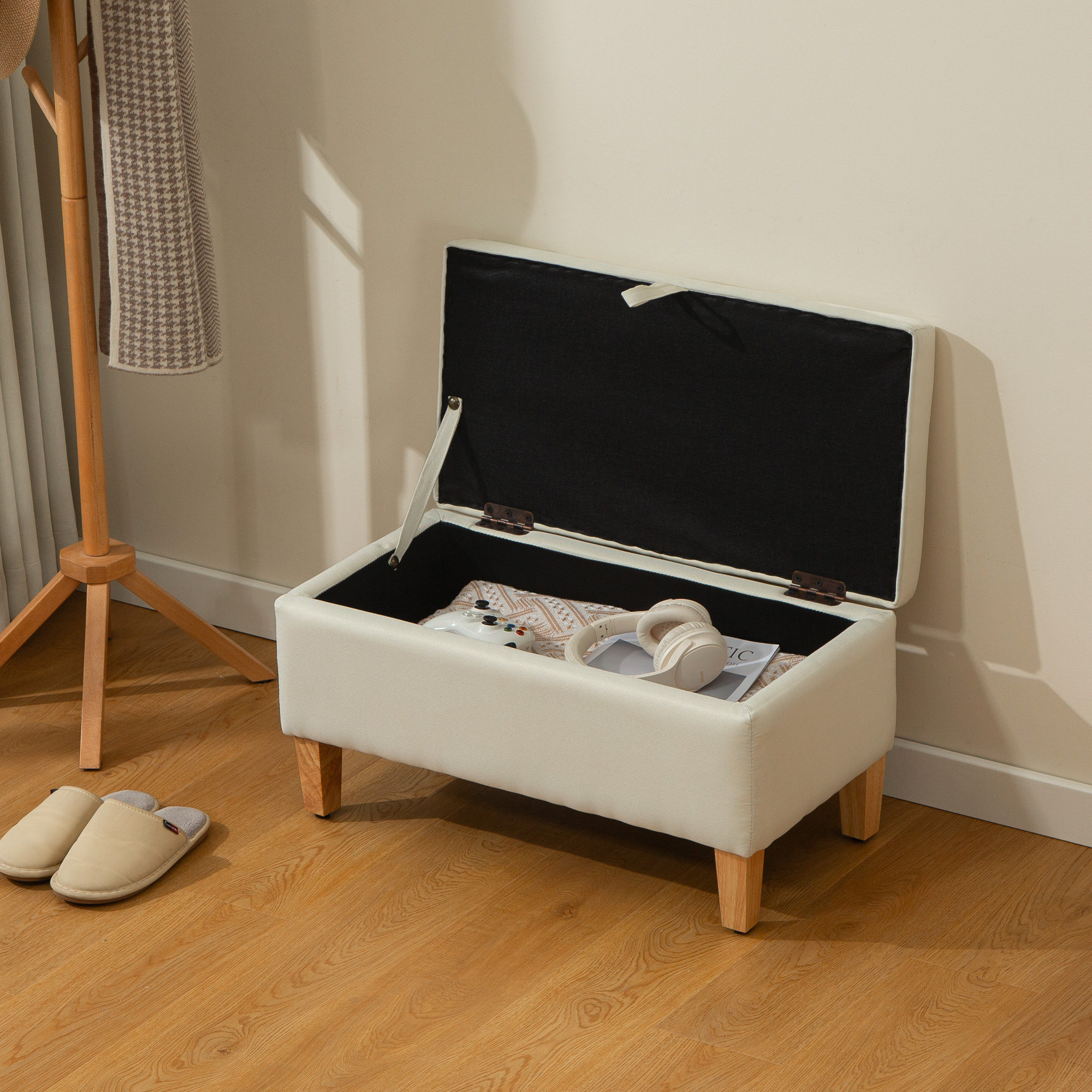 HOMCOM 30L Linen Storage Ottoman Padded Footstool with Rubberwood Legs for Storage Box, Bed End, Shoe Bench, Seating, Beige 7