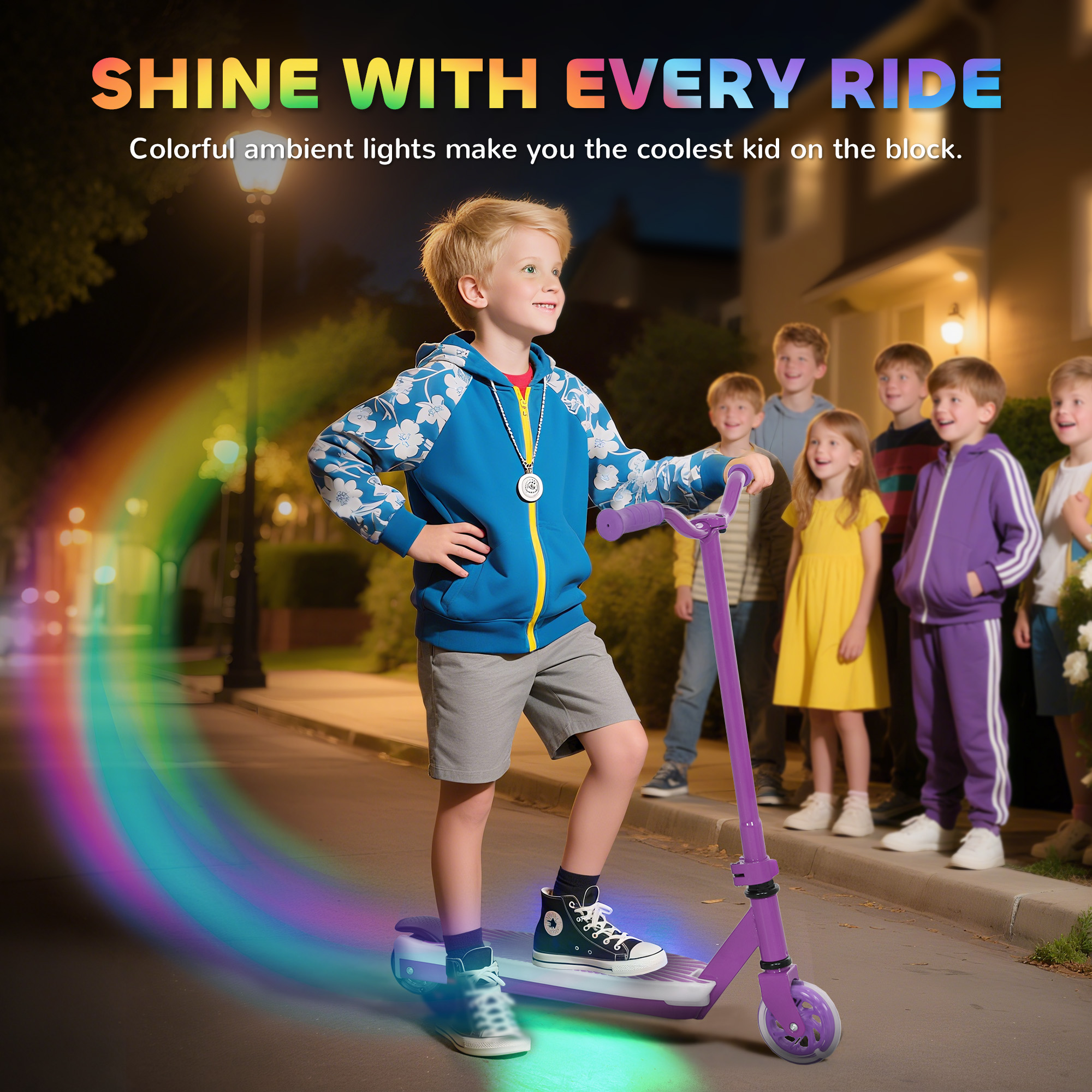 AIYAPLAY Electric Scooter for Kids Aged 4-7 Years, with Flashing LED Lights, Rear Auxiliary Wheels, Purple 5