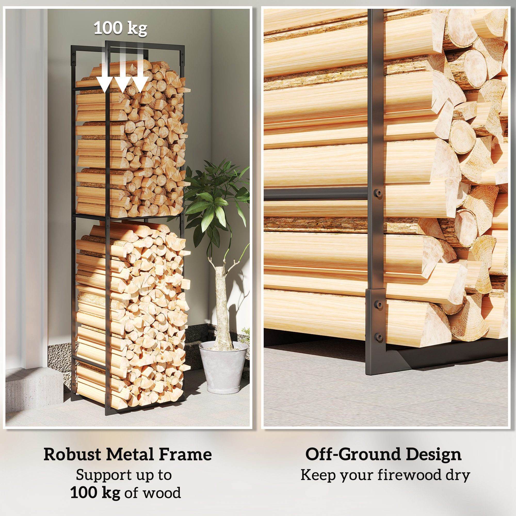 Outsunny Metal Firewood Log Holder, Heavy Duty Firewood Rack with Adjustable Shelf, Indoor Outdoor Fireplace Wood Storage Shelf, 45 x 31 x 170 cm, Black 6