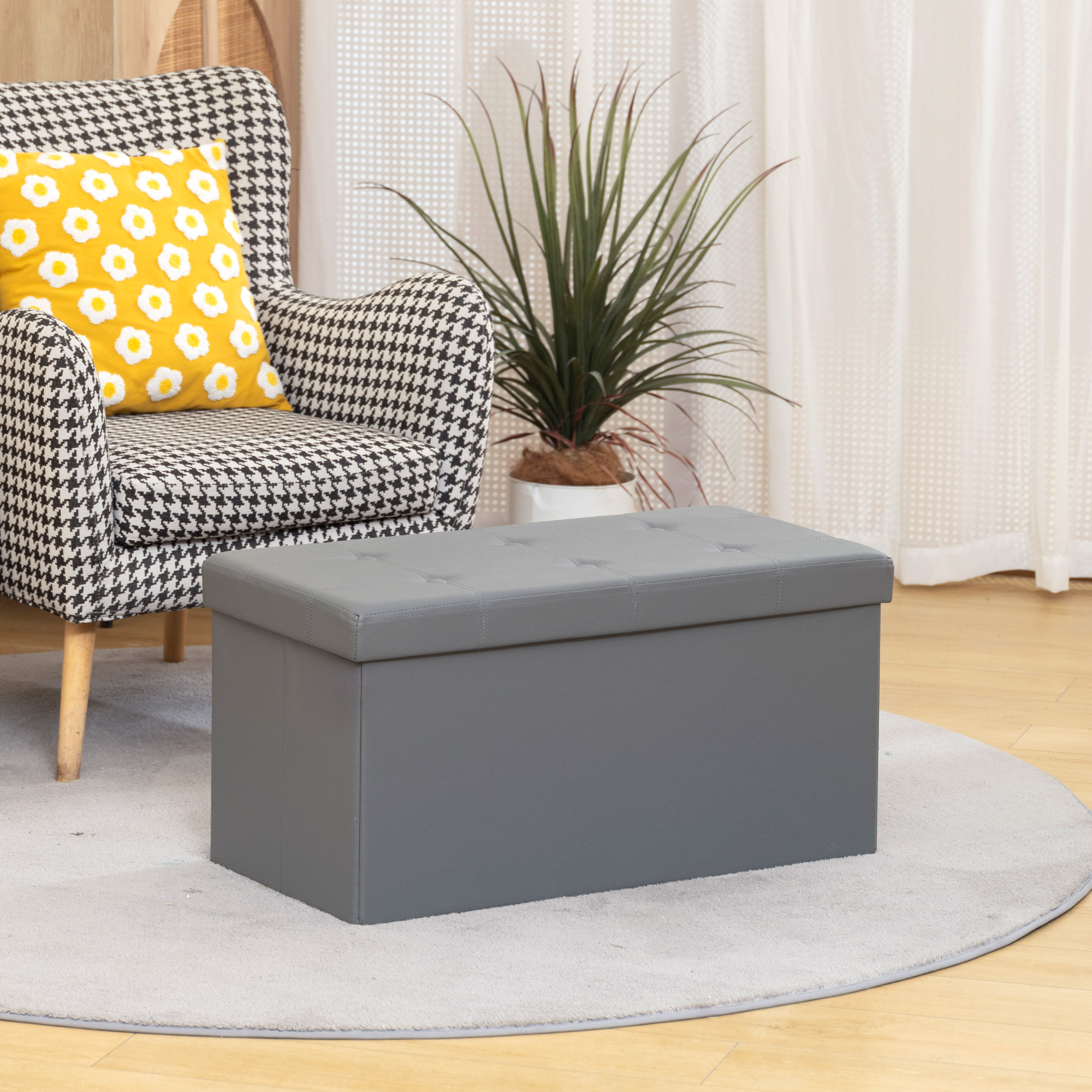 HOMCOM Storage Ottoman Bench, 89L PU Leather Folding Foot Rest Stool, End of Bed Bench, Easy Assembly, for Living Room, Bedroom, Entryway, Grey 2