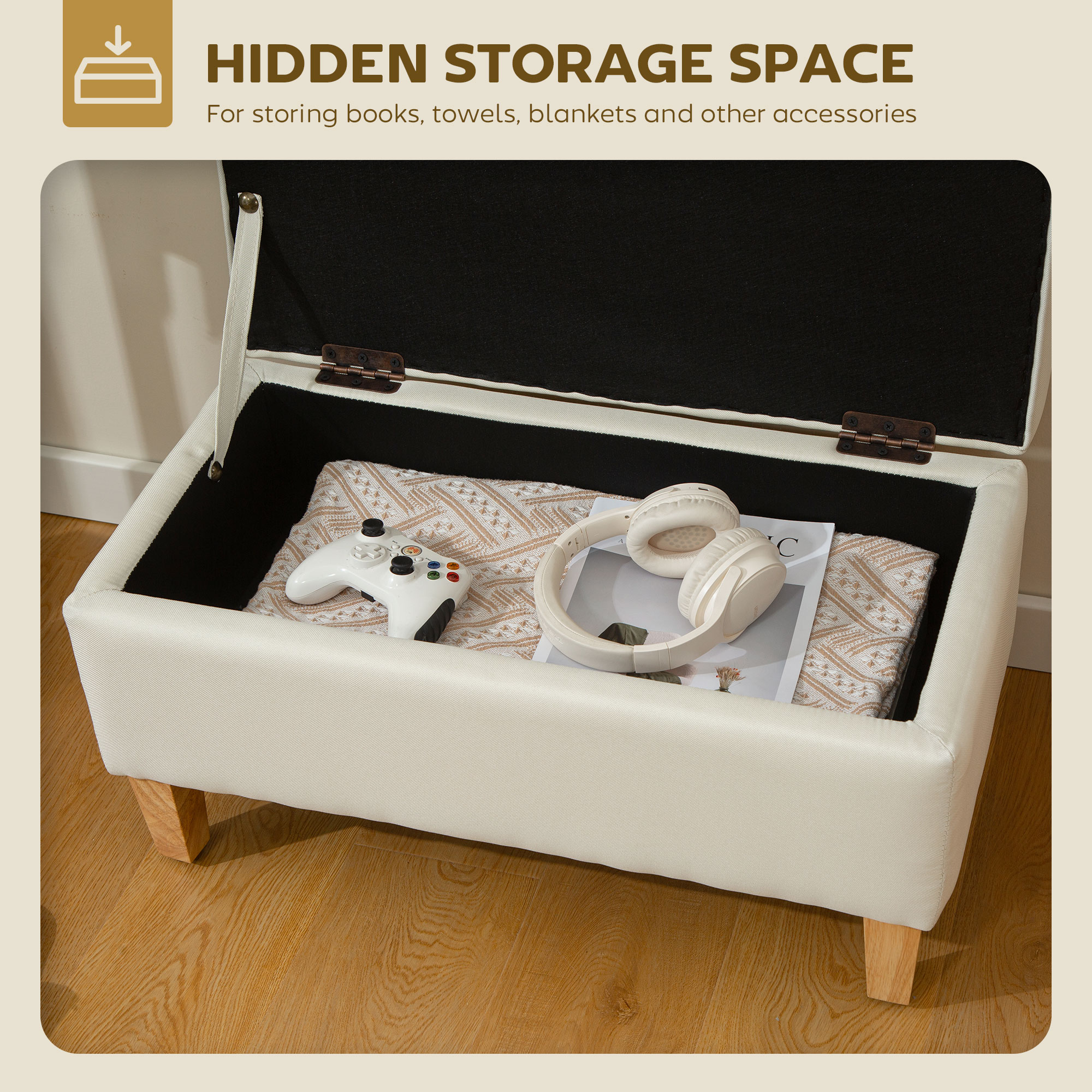 HOMCOM 30L Linen Storage Ottoman Padded Footstool with Rubberwood Legs for Storage Box, Bed End, Shoe Bench, Seating, Beige 4