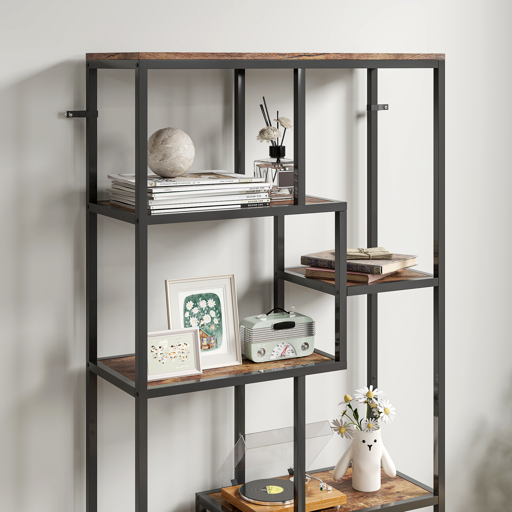 HOMCOM Seven-Tier Geometric Bookcase Brown/Black 8