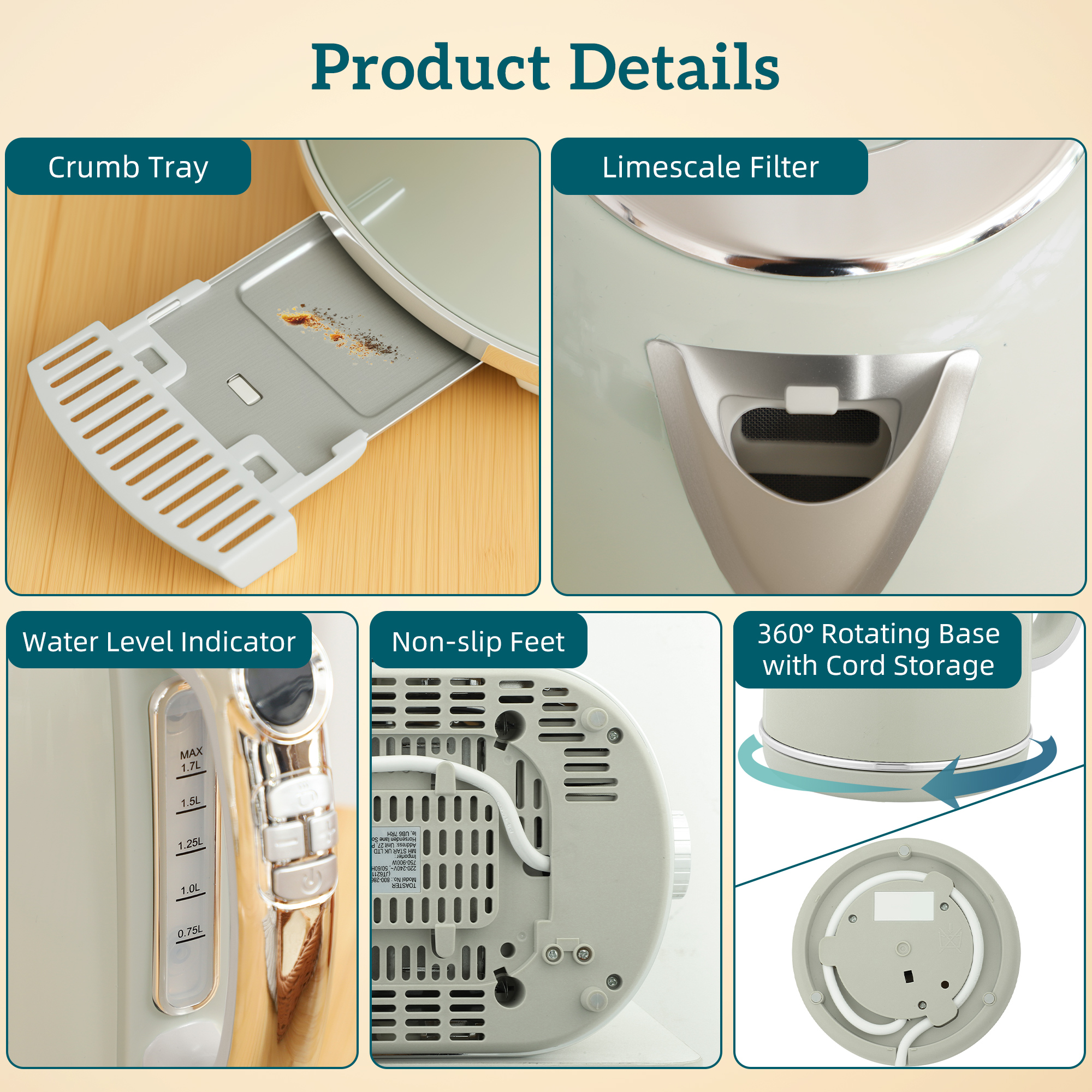 HOMCOM Polished Retro 40-100°C Kettle and Toaster Set Grey 9