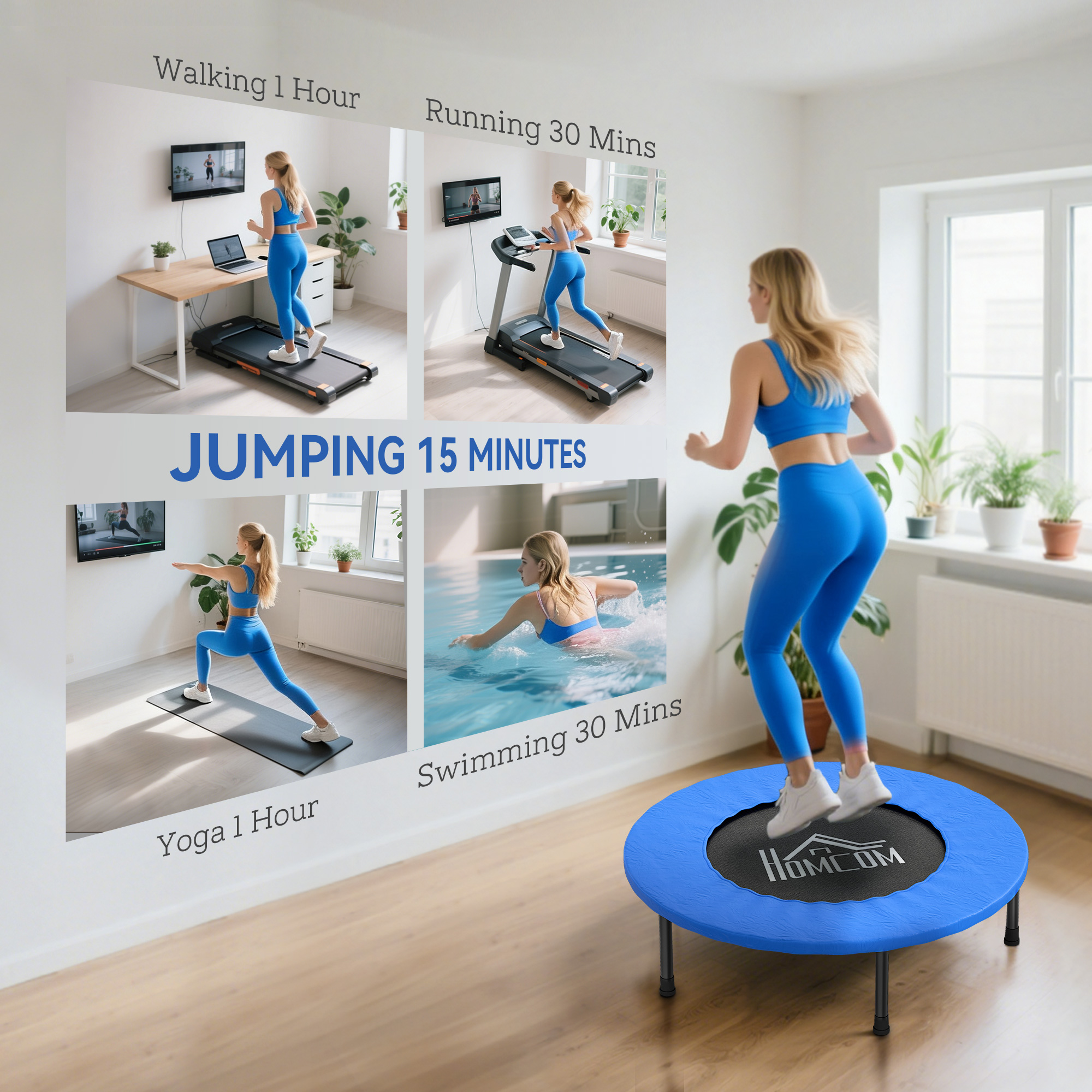 HOMCOM 32" Mini Fitness Trampoline Home Gym Yoga Exercise Rebounder Indoor Outdoor Jumper with Safety Pad, Support Up to 100 KG, Blue and Black 5