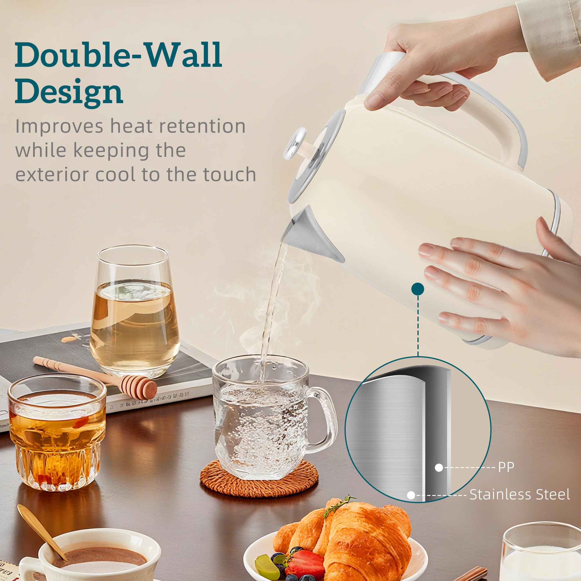 HOMCOM Polished Retro 40-100°C Kettle and Toaster Set Cream 5