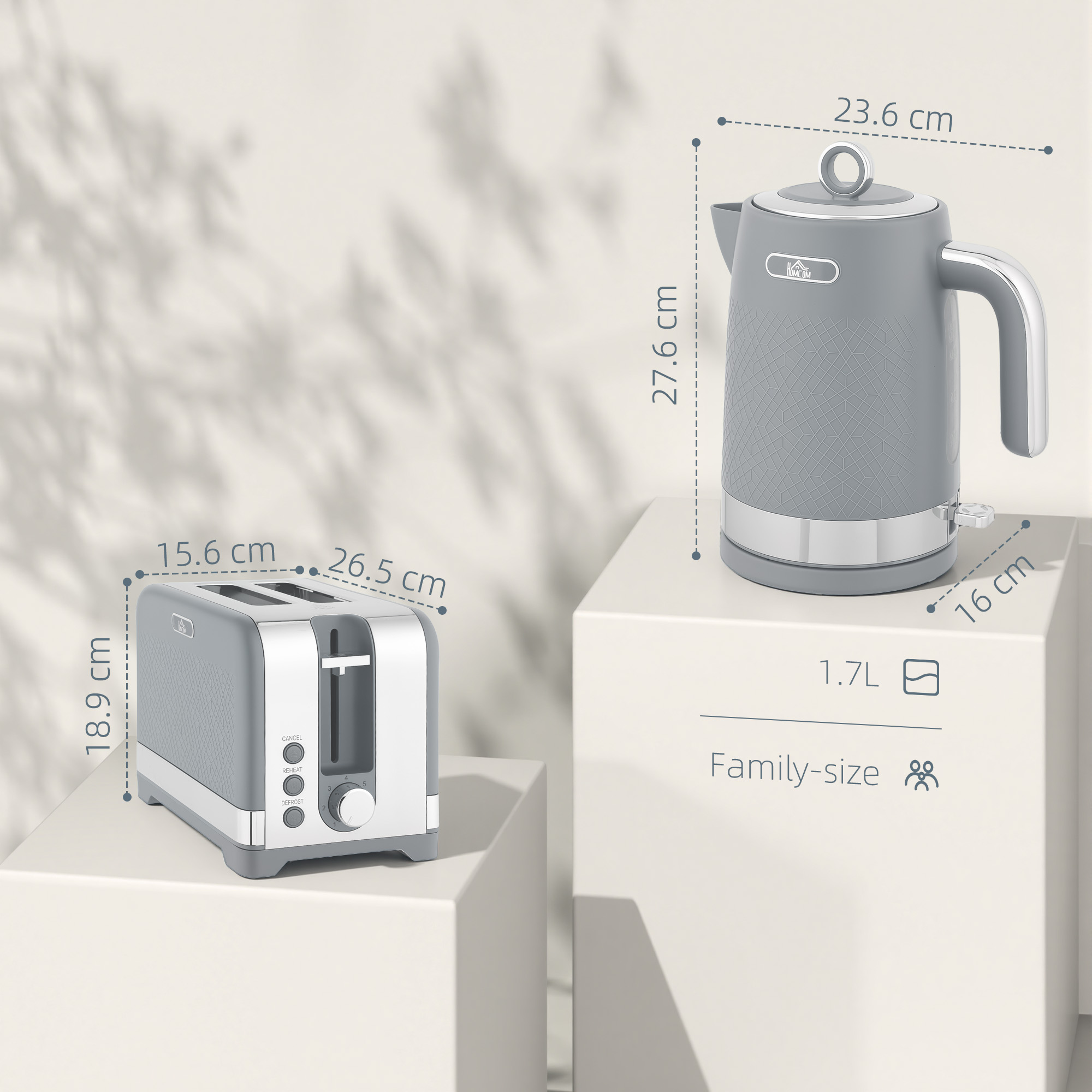 HOMCOM Sleek Textured Kettle and Toaster Set Grey 3