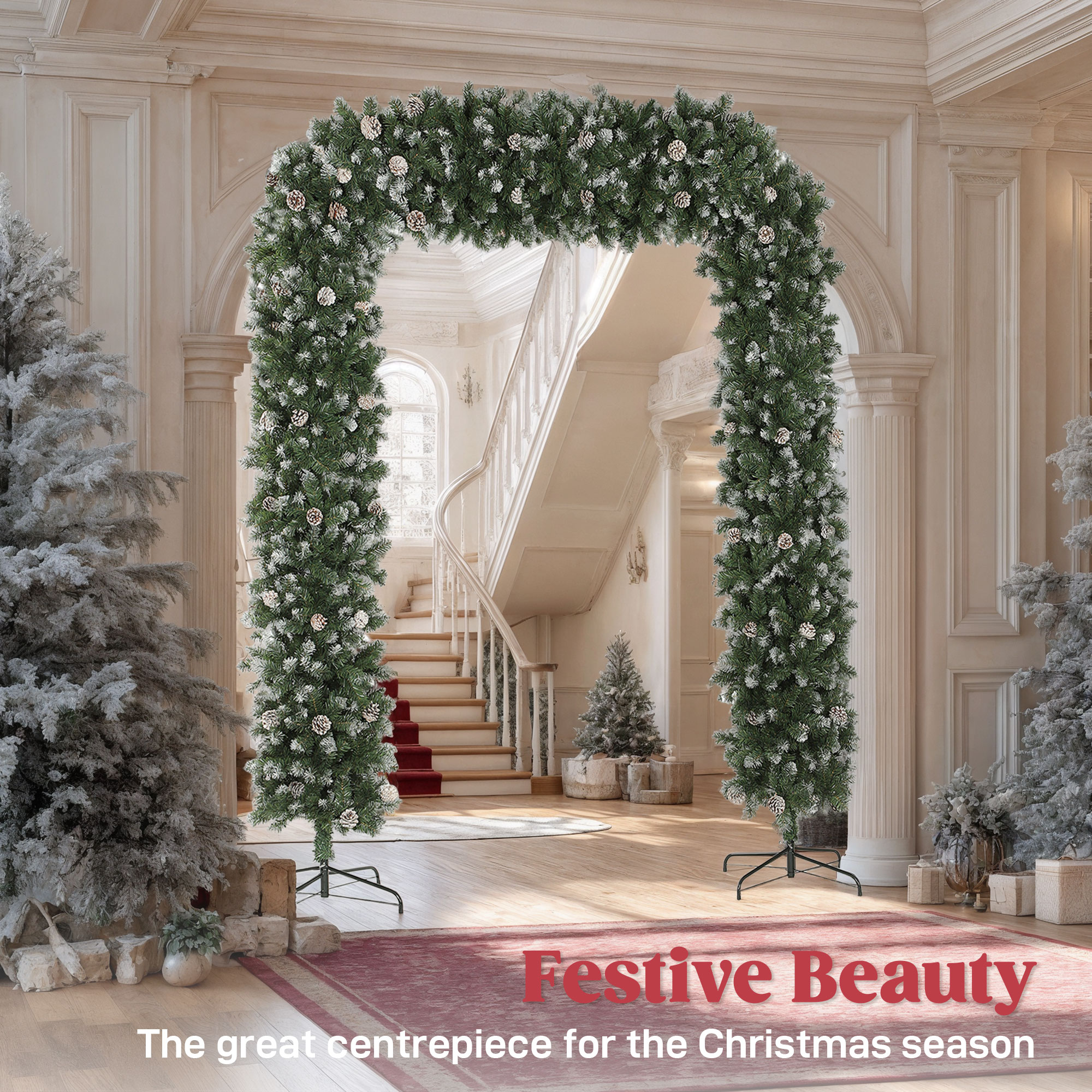 HOMCOM 8.2 ft Snow Frosted Christmas Tree Arch, Christmas Arch Doorway Decor with 1800 Tips and 91 Pinecones, Artificial Xmas Tree with Metal Stand for Indoor, Green 4