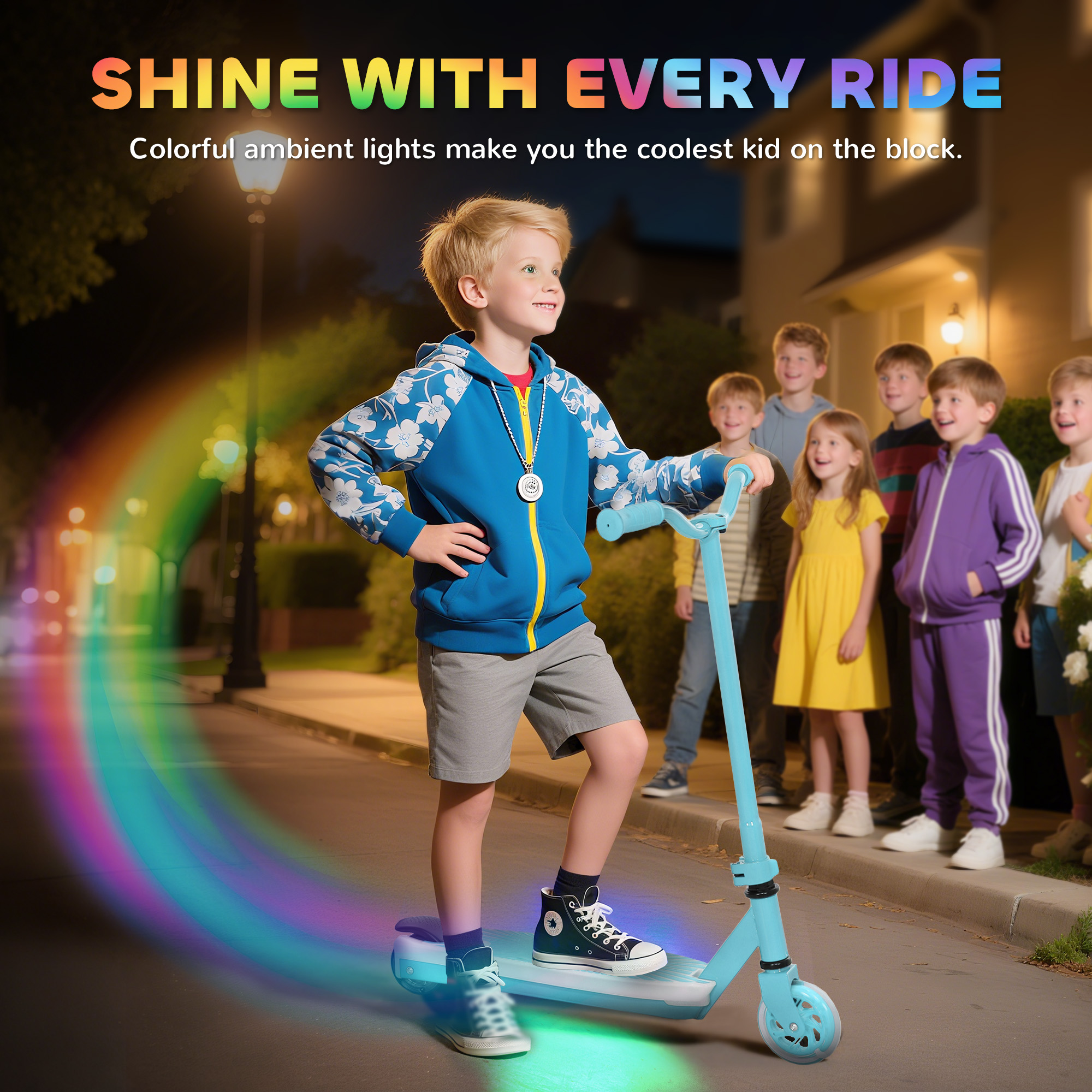 AIYAPLAY Electric Scooter for Kids Aged 4-7 Years, with Flashing LED Lights, Rear Auxiliary Wheels, Blue 5