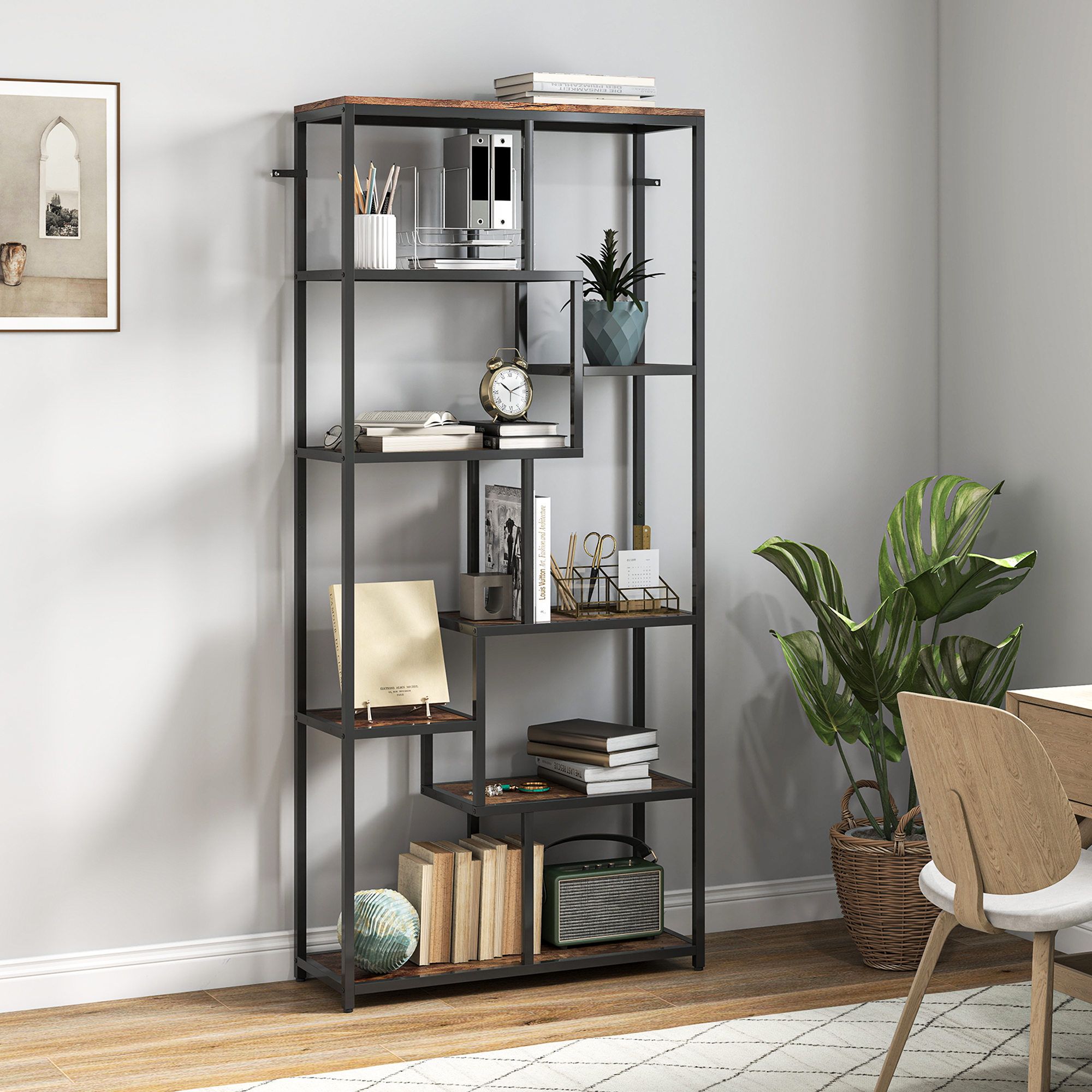 HOMCOM Seven-Tier Geometric Bookcase Brown/Black 2