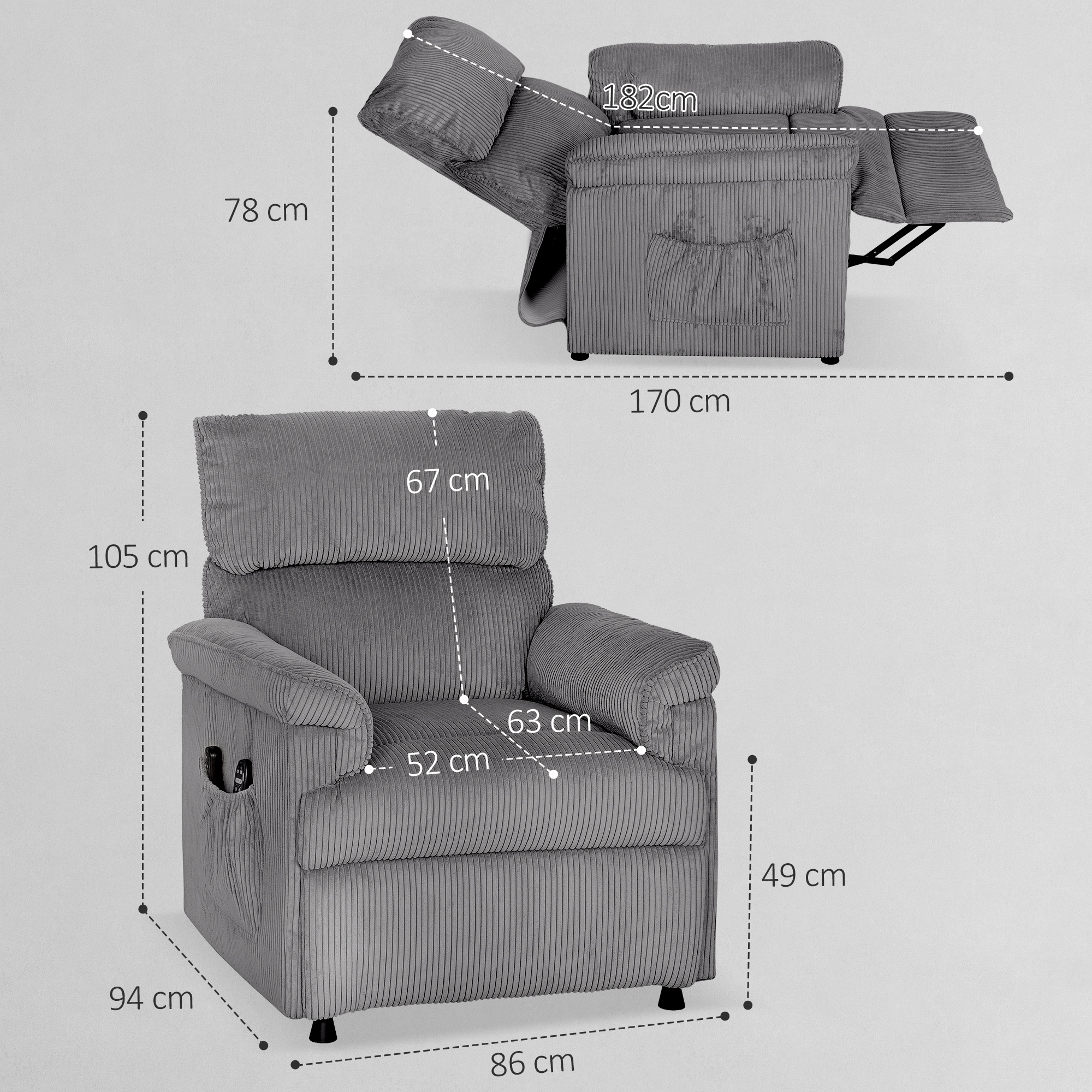 HOMCOM Corduroy Electric Massage Recliner Grey 3
