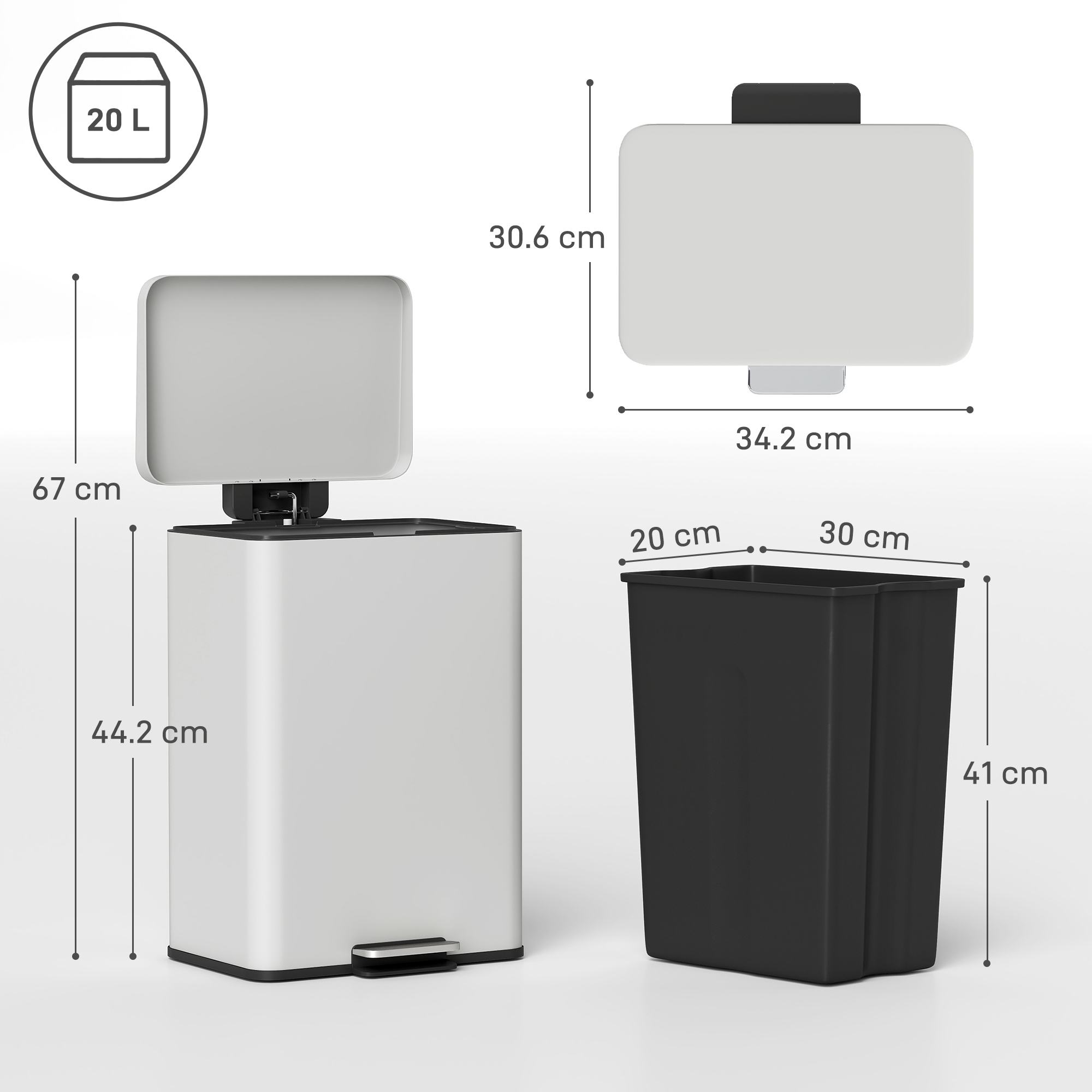 HOMCOM 20L Kitchen Bin with Soft-Close Lid and Stay-Open Function, Pedal Bin with Removable Inner Bucket for Kitchen, Office, Home, Cream 3