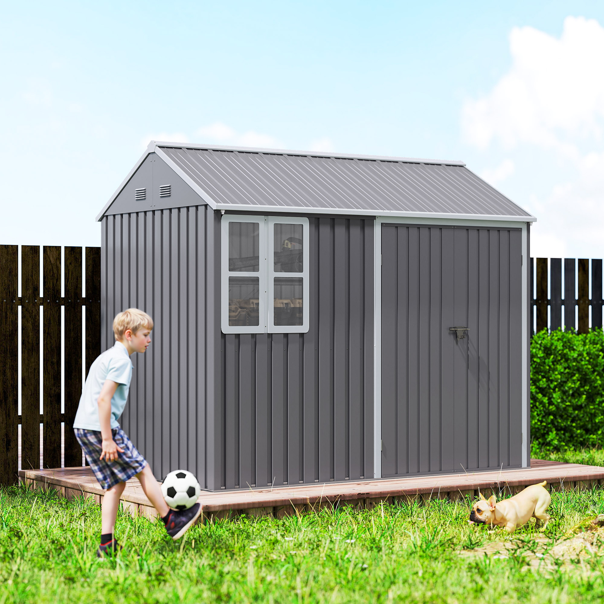 Outsunny 8 x 6 ft Galvanised Garden Shed, Outsoor Metal Storage Shed with Double Doors Window Air Vents for Patio, Lawn, Grey 9