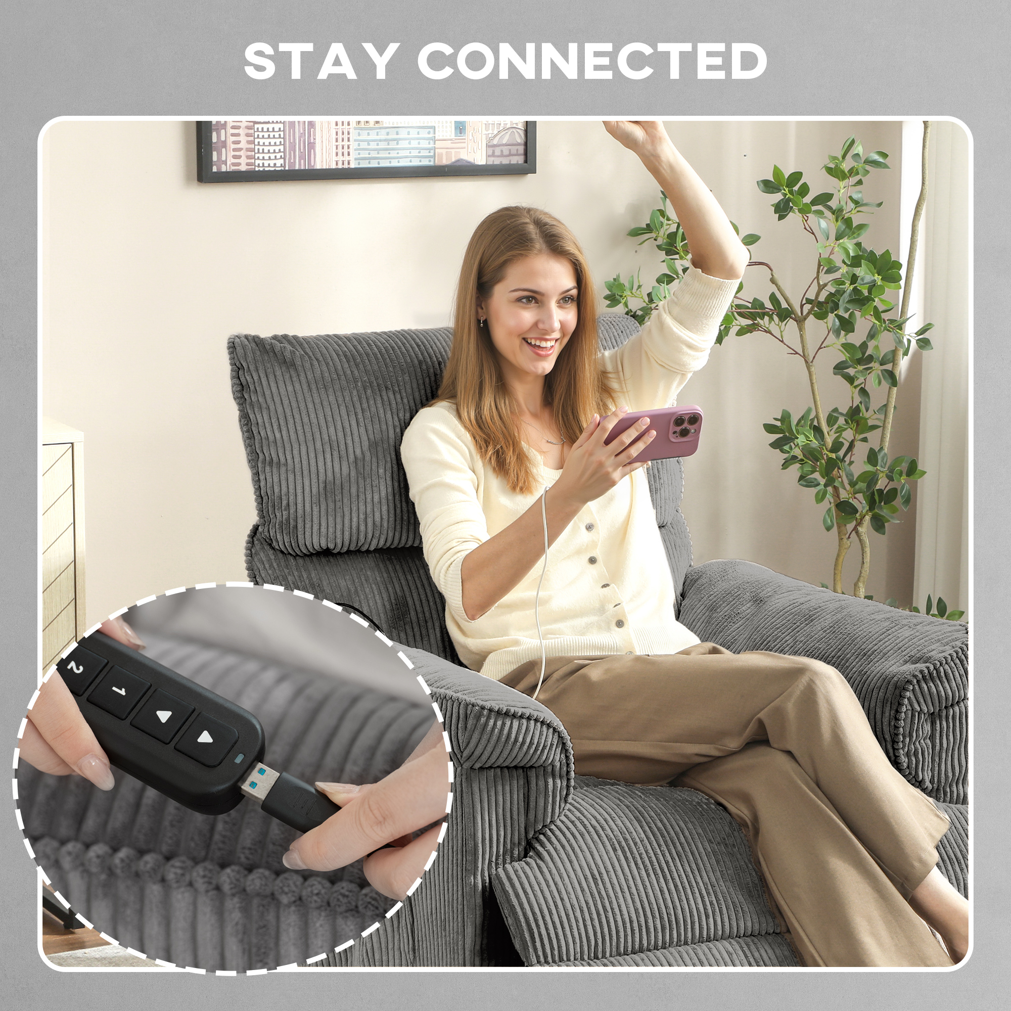 HOMCOM Corduroy Electric Massage Recliner Grey 8