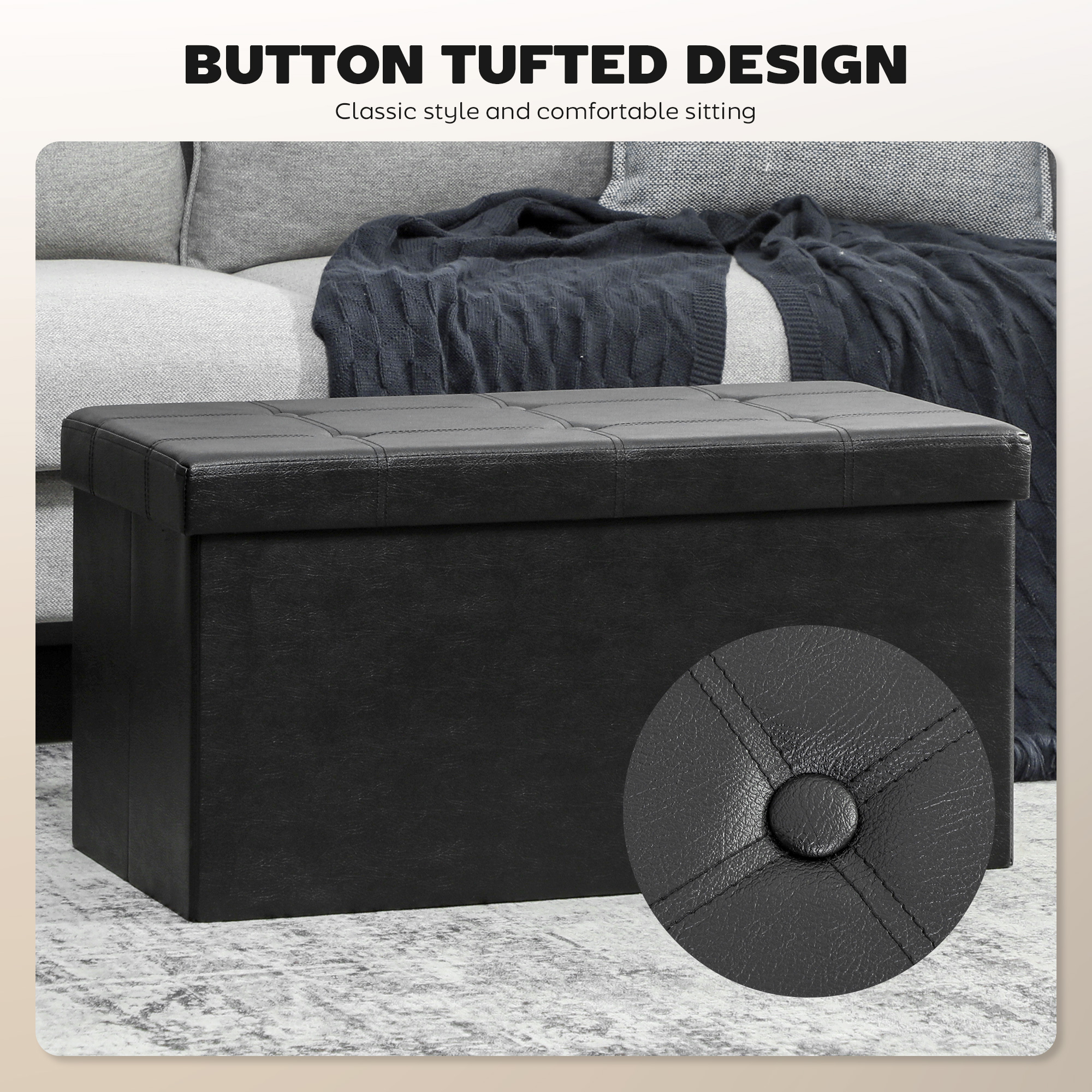 HOMCOM Storage Ottoman Bench, 89L PU Leather Folding Foot Rest Stool, End of Bed Bench, Easy Assembly, for Living Room, Bedroom, Entryway, Black 4