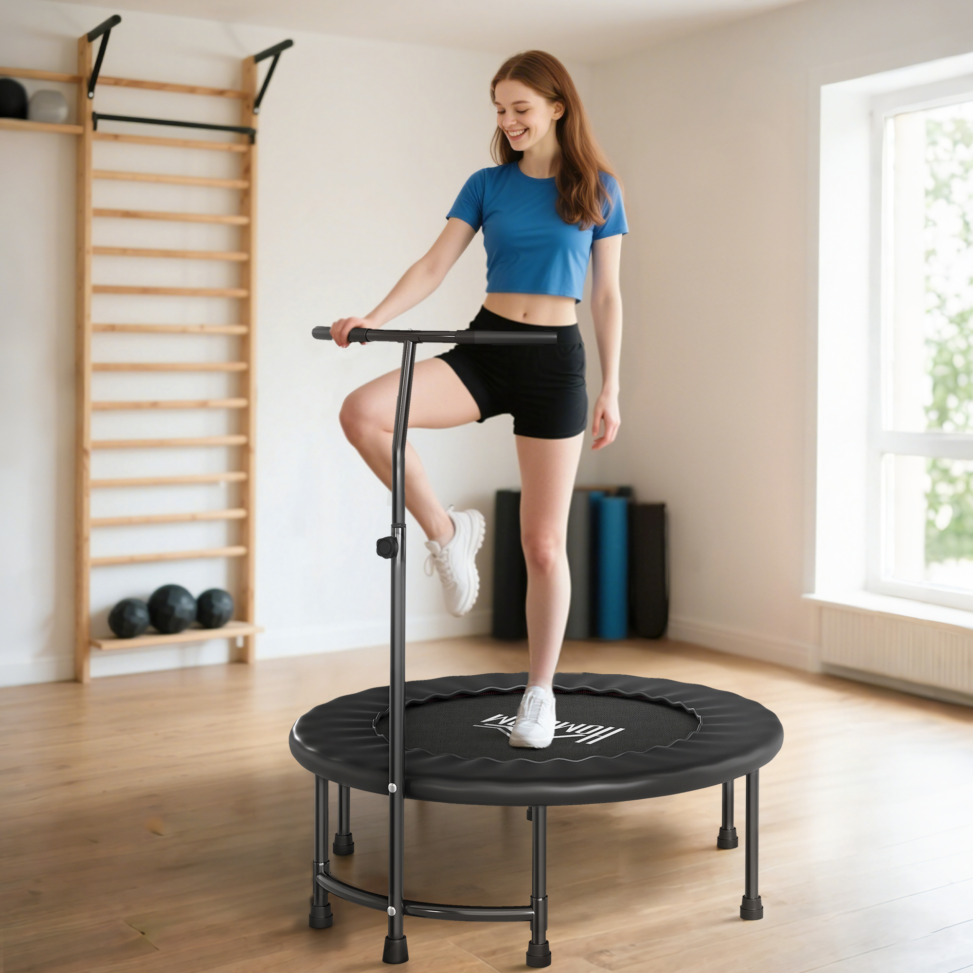 HOMCOM 40" Fitness Trampoline with Adjustable Handle, Rebounder Trampoline, Mini Jumper for Indoor Exercise Workout, Black 2
