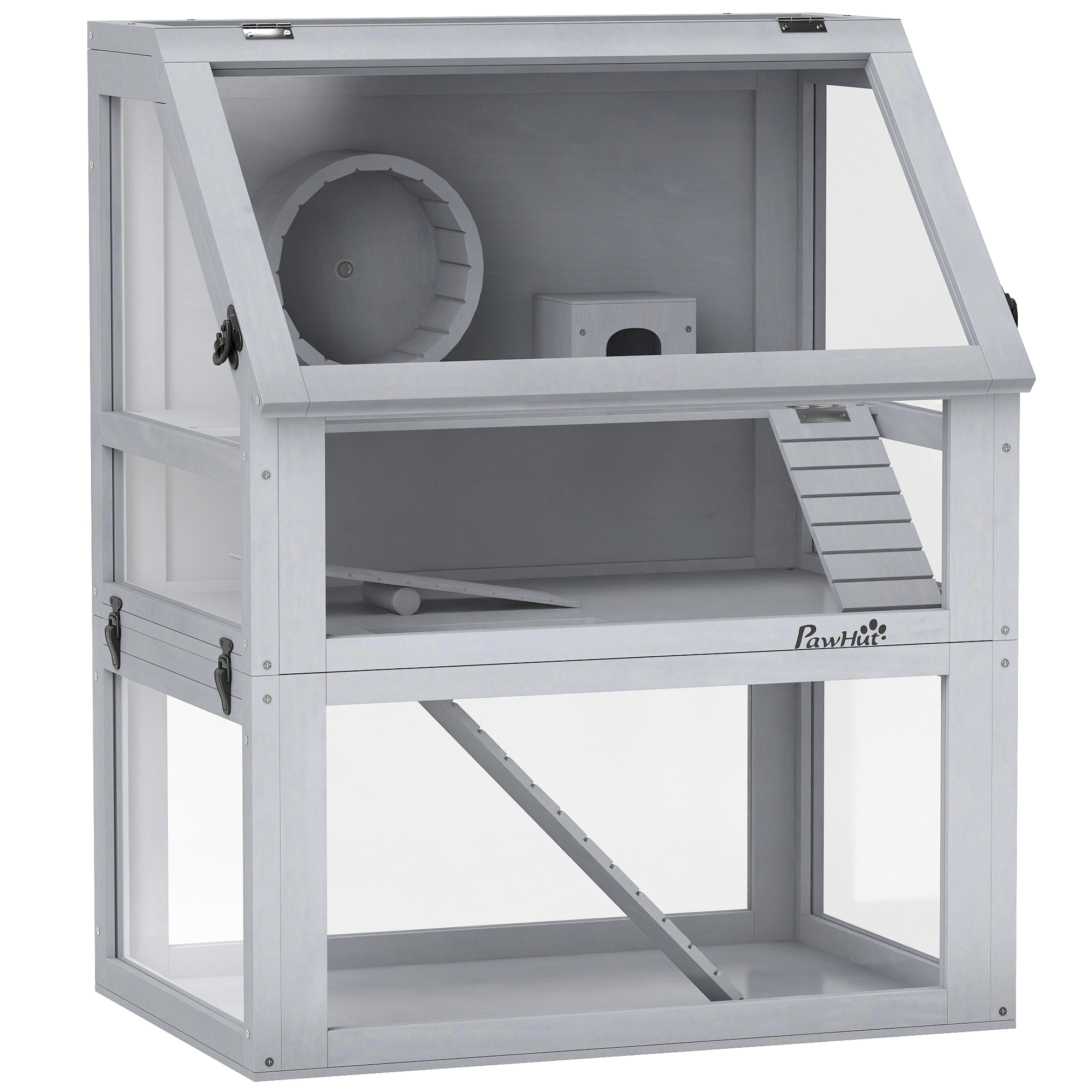 PawHut Wooden Hamster Cage with Detachable 32cm Deep Bottom, Hut, Seesaw, Exercise Wheel, Ramp, 60 x 40 x 75cm, Light Grey