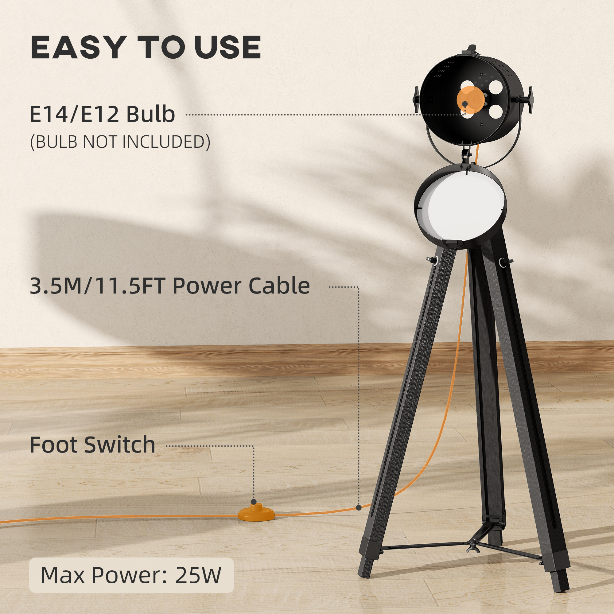 HOMCOM Industrial Tripod Floor Lamp, Nautical Searchlight with Adjustable Height, Wood Legs, E14 Lamp Base for Living Room, Bedroom, Black 7