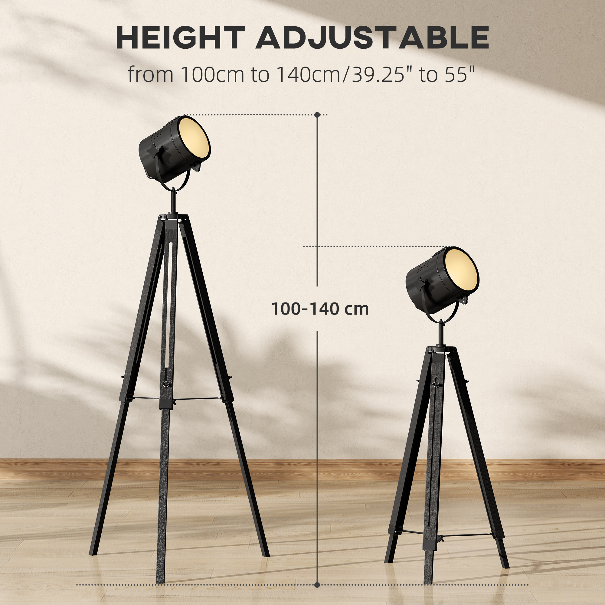 HOMCOM Industrial Tripod Floor Lamp, Nautical Searchlight with Adjustable Height, Wood Legs, E14 Lamp Base for Living Room, Bedroom, Black 4