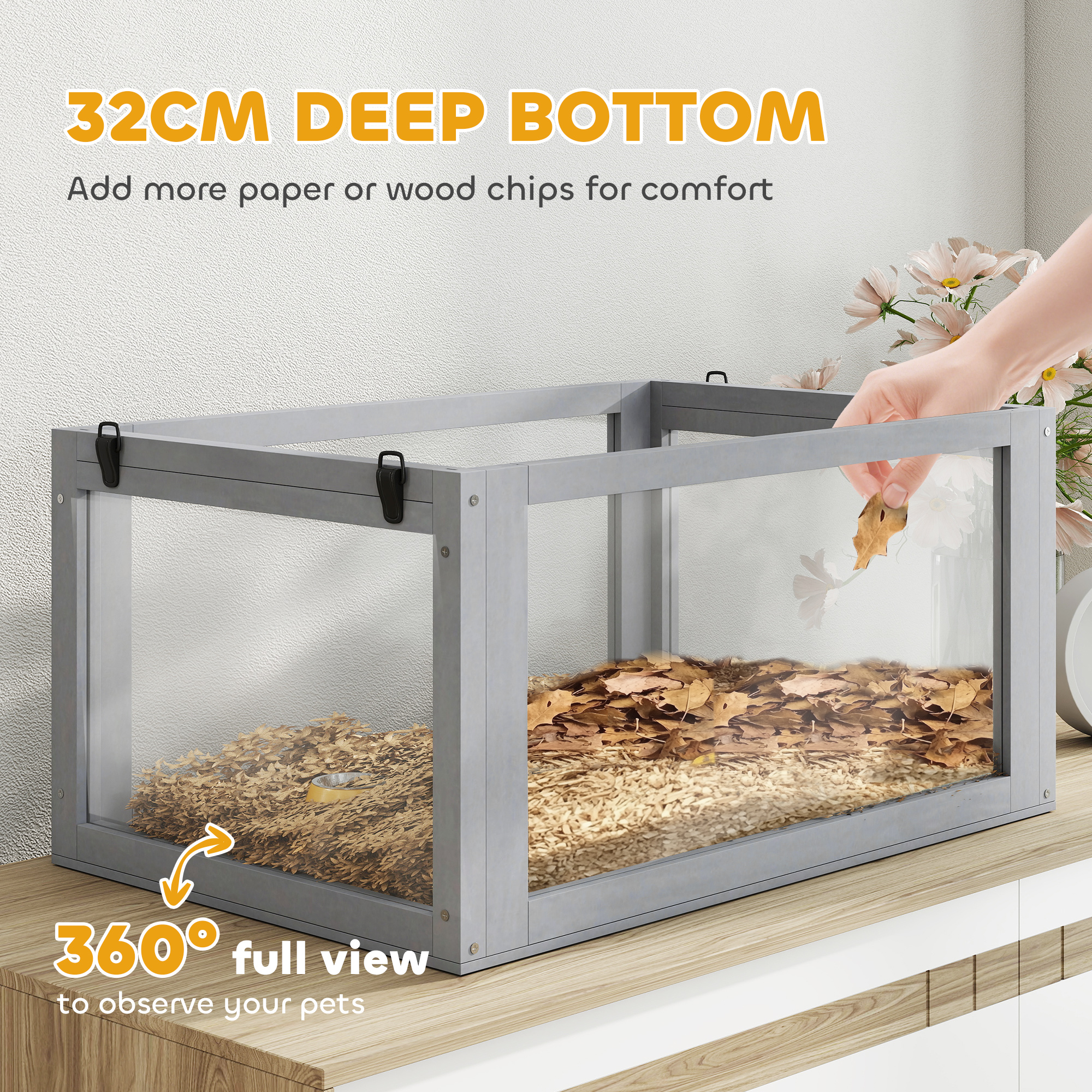 PawHut Wooden Hamster Cage with Detachable 32cm Deep Bottom, Hut, Seesaw, Exercise Wheel, Ramp, 60 x 40 x 75cm, Light Grey 5