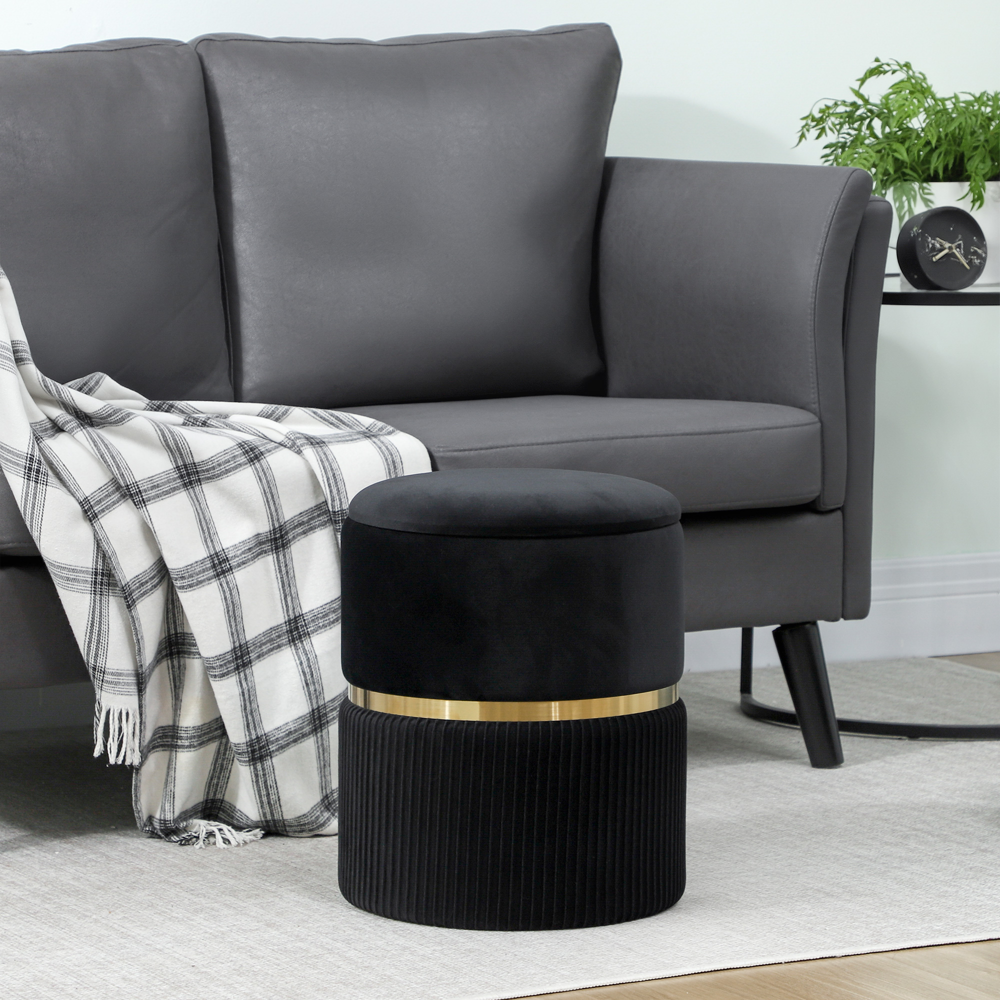 HOMCOM Velvet-Feel Storage Ottoman Black 8